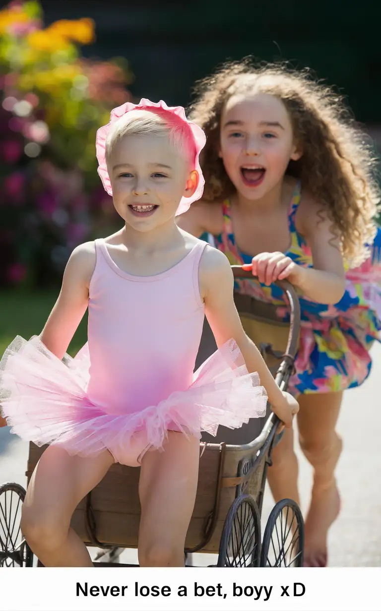 Photograph of a cute 7-year-old little blonde boy with a cute face and short smart hair shaved on the sides, he is with his 6-year-old long-haired sister with long curly hair at a park, after losing a bet the boy has to wear a pink ballerina leotard and tutu dress and a bonnet and sit in an oversized pram, the girl is excitedly pushing the boy in the pram around the park, white skin, adorable, perfect faces, perfect faces, smooth Skin, the photograph is captioned “Never lose a bet, boys XD”