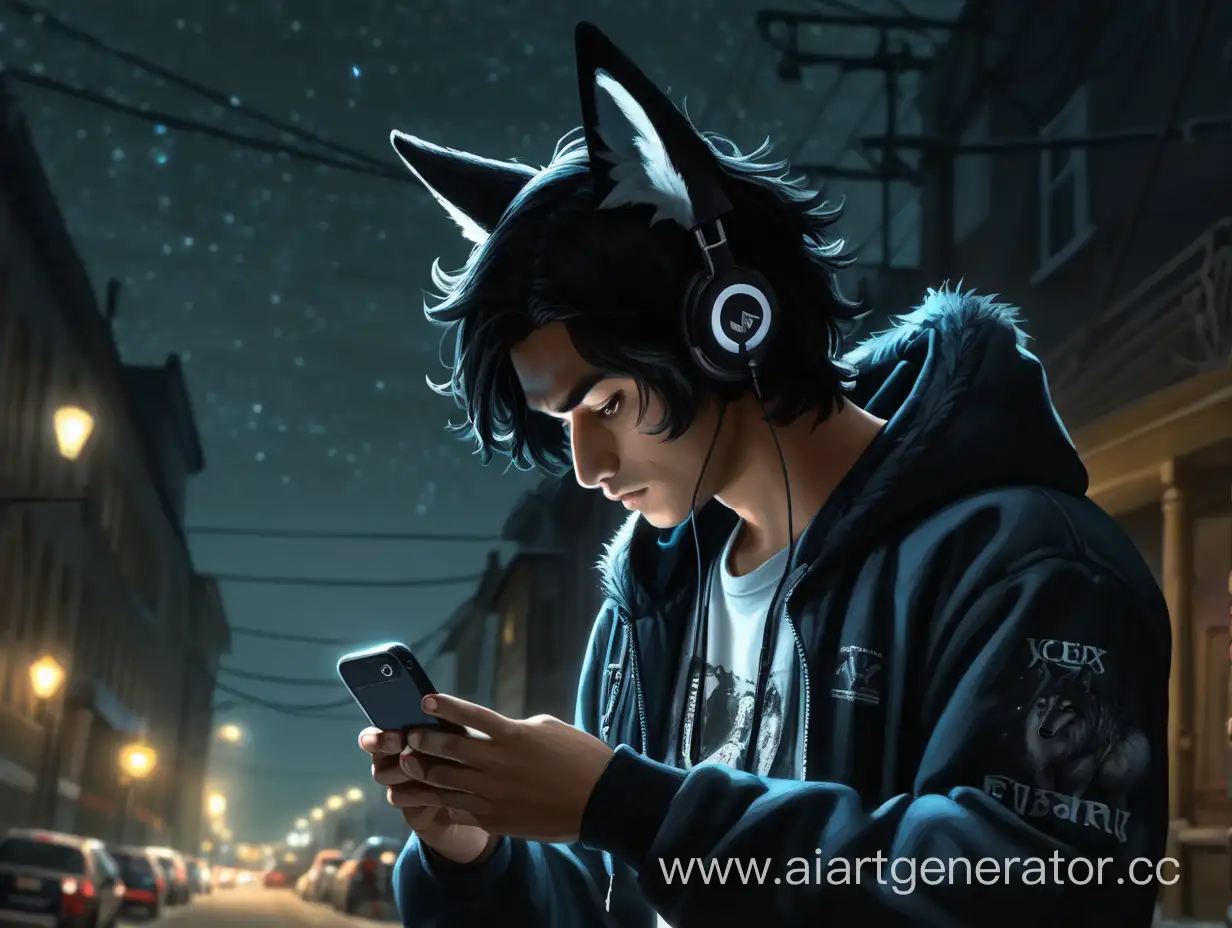 Парень с черными волосами и волчьими ушами проверяет сообщения в телефоне в темноте. 