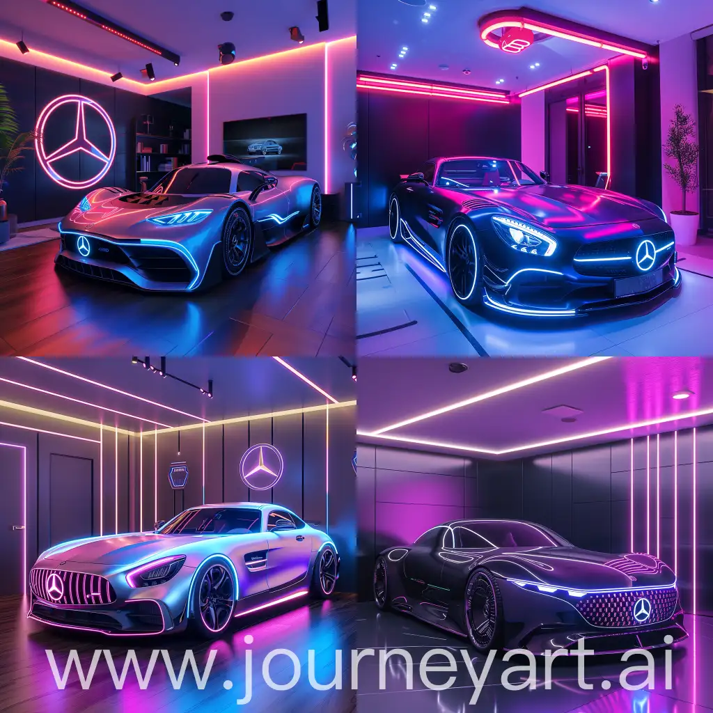 a modern room inspired by the sleek style of Mercedes cars with neon accents