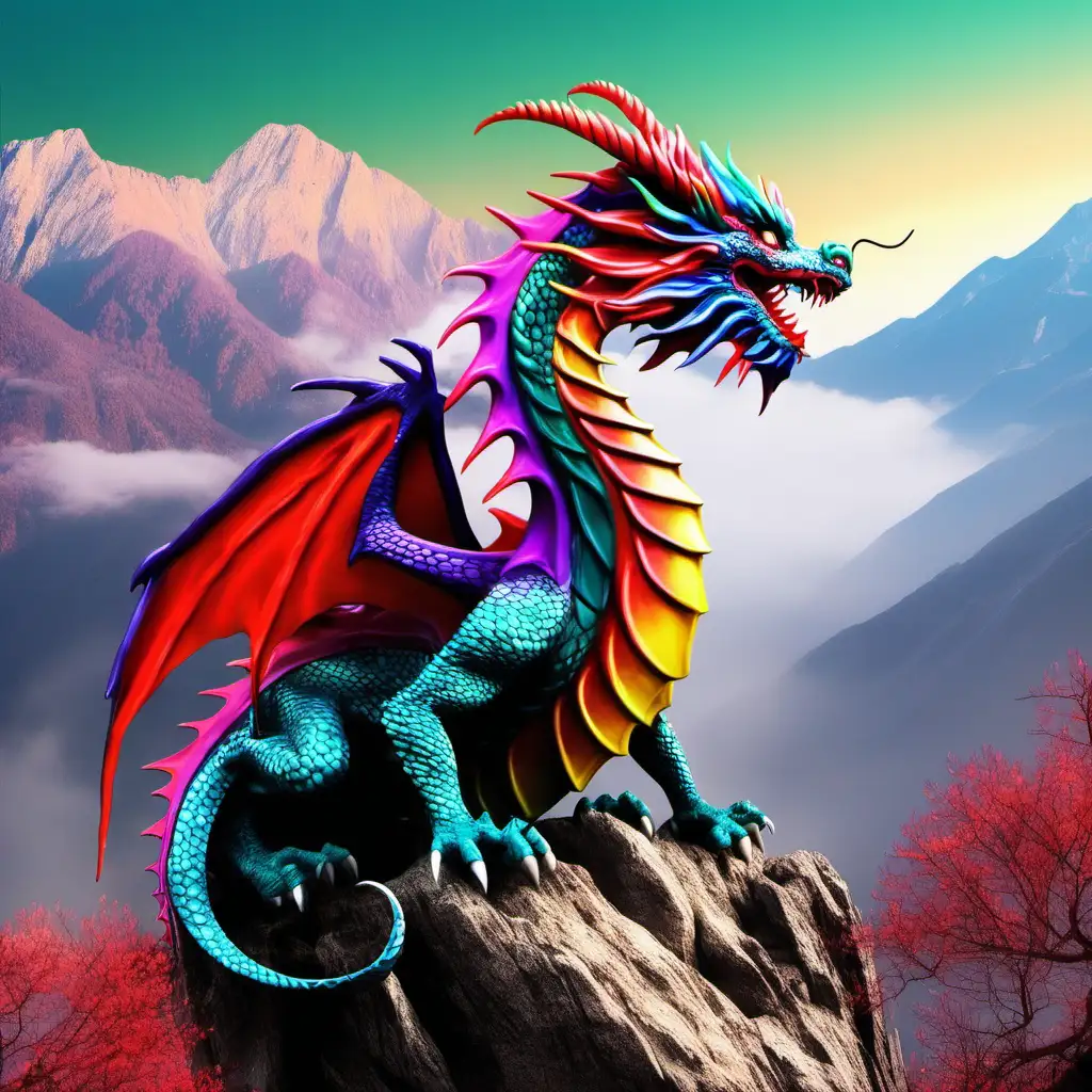Vibrant Dragon Soaring Over Majestic Mountains