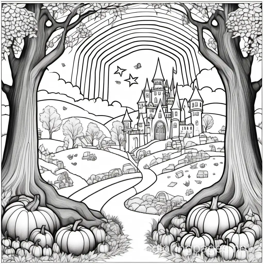 a whimsical garden, a wizard, a castle, pumpkins, and a gnome with an open book by an old tree  in a field of flowers and books on a sunny day with a rainbow in the sky, Coloring Page, black and white, line art, white background, Simplicity, Ample White Space. The background of the coloring page is plain white to make it easy for young children to color within the lines. The outlines of all the subjects are easy to distinguish, making it simple for kids to color without too much difficulty