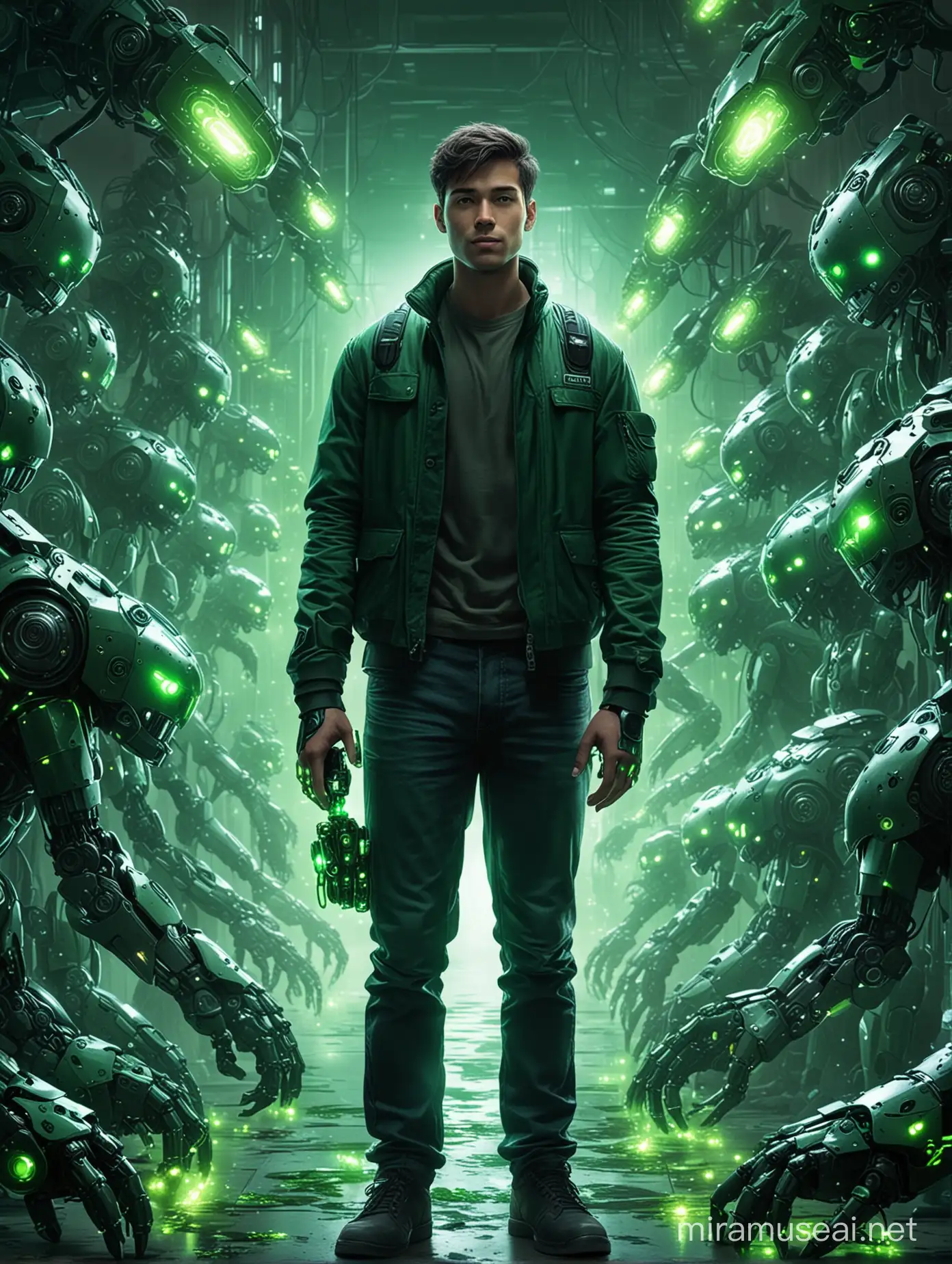 A handsome young man surroundee by green luminous system bots and creatures, with a glowing hand