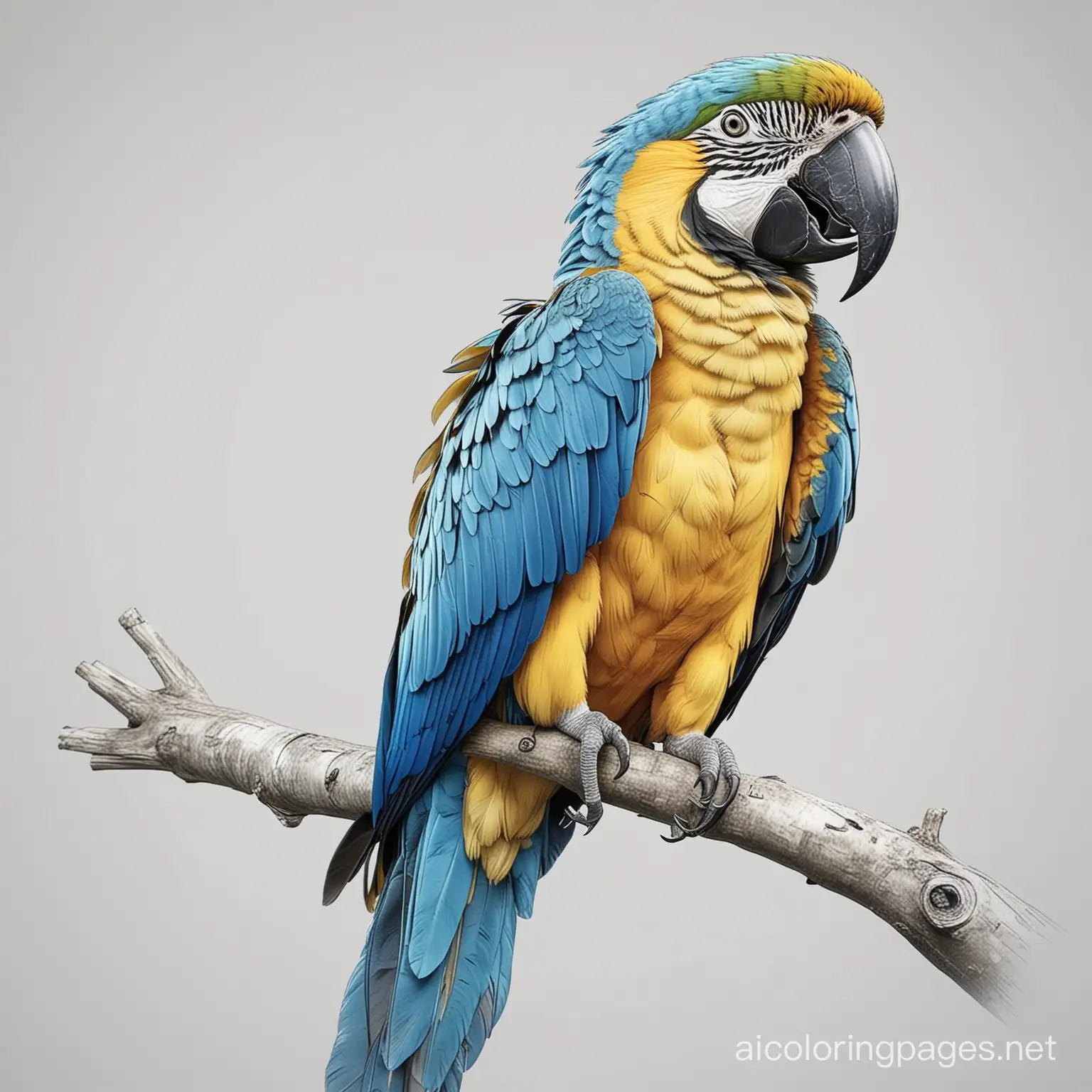 realistic blue and yellow macaw sat on a tree branch, Coloring Page, black and white, line art, white background, Simplicity, Ample White Space. The background of the coloring page is plain white to make it easy for young children to color within the lines. The outlines of all the subjects are easy to distinguish, making it simple for kids to color without too much difficulty