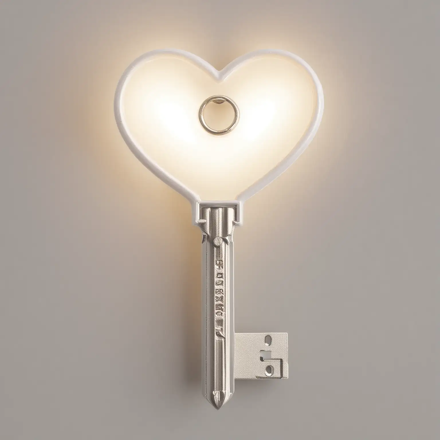 a glowing all white light classic key shining and the top is shaped like a hart