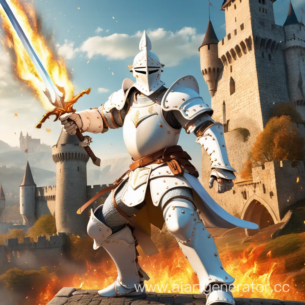 Воин в белых доспехах, с одноручным мечом, владеющий магией огня, на фоне замка