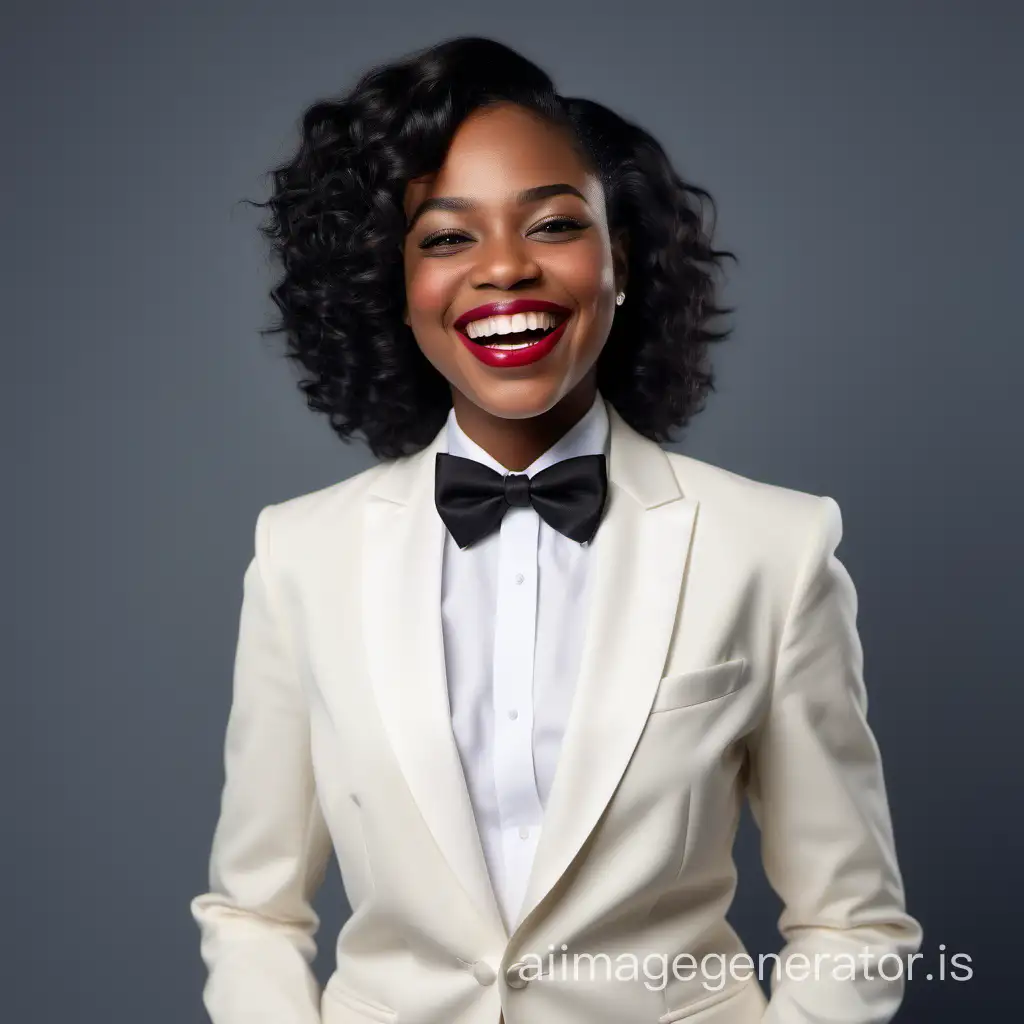 smiling and laughing black woman with shoulder length hair wearing an ivory tuxedo, wearing a white shirt, wearing a bow tie, wearing lipstick
