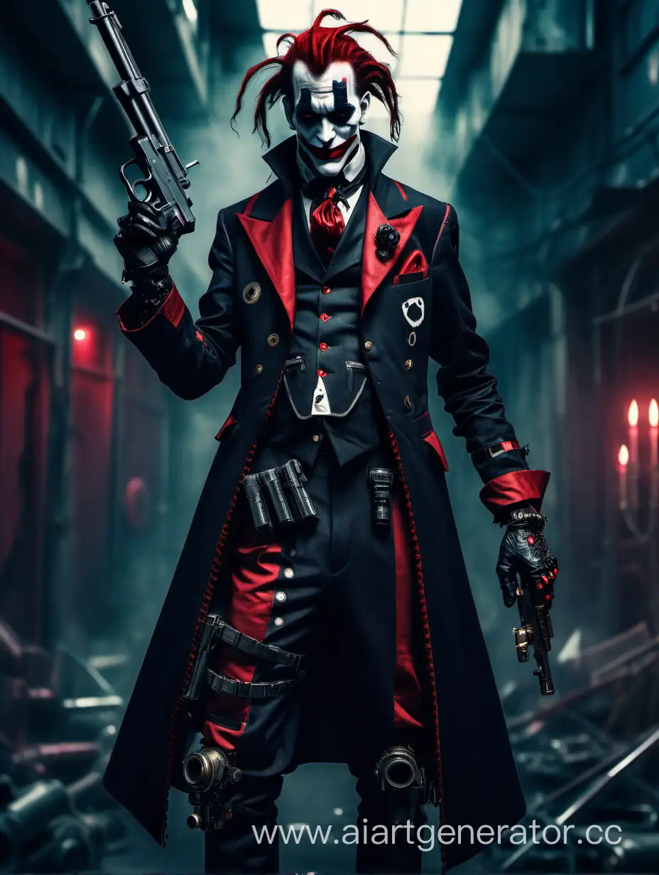 Grim french Joker in black and red Victorian Gothic suit mixed with cyberpunk.
He has pistol and anti-tank rifle in cyberpunk style.