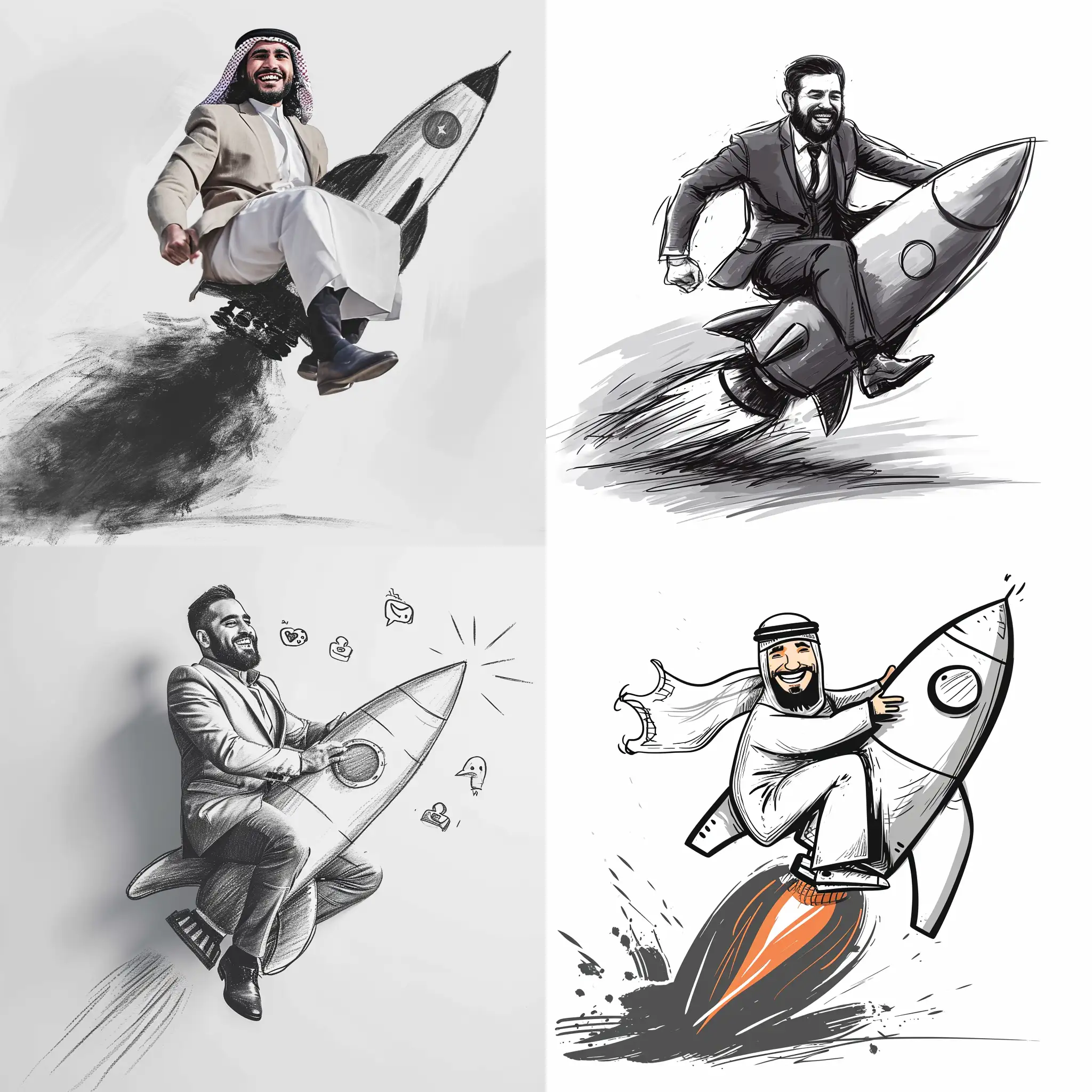 A successful and happy Arabic businessman from Yemen who aims to achieve a large number of followers on social media sites, he is riding rocket on white background,  chalk sketch style, white background.