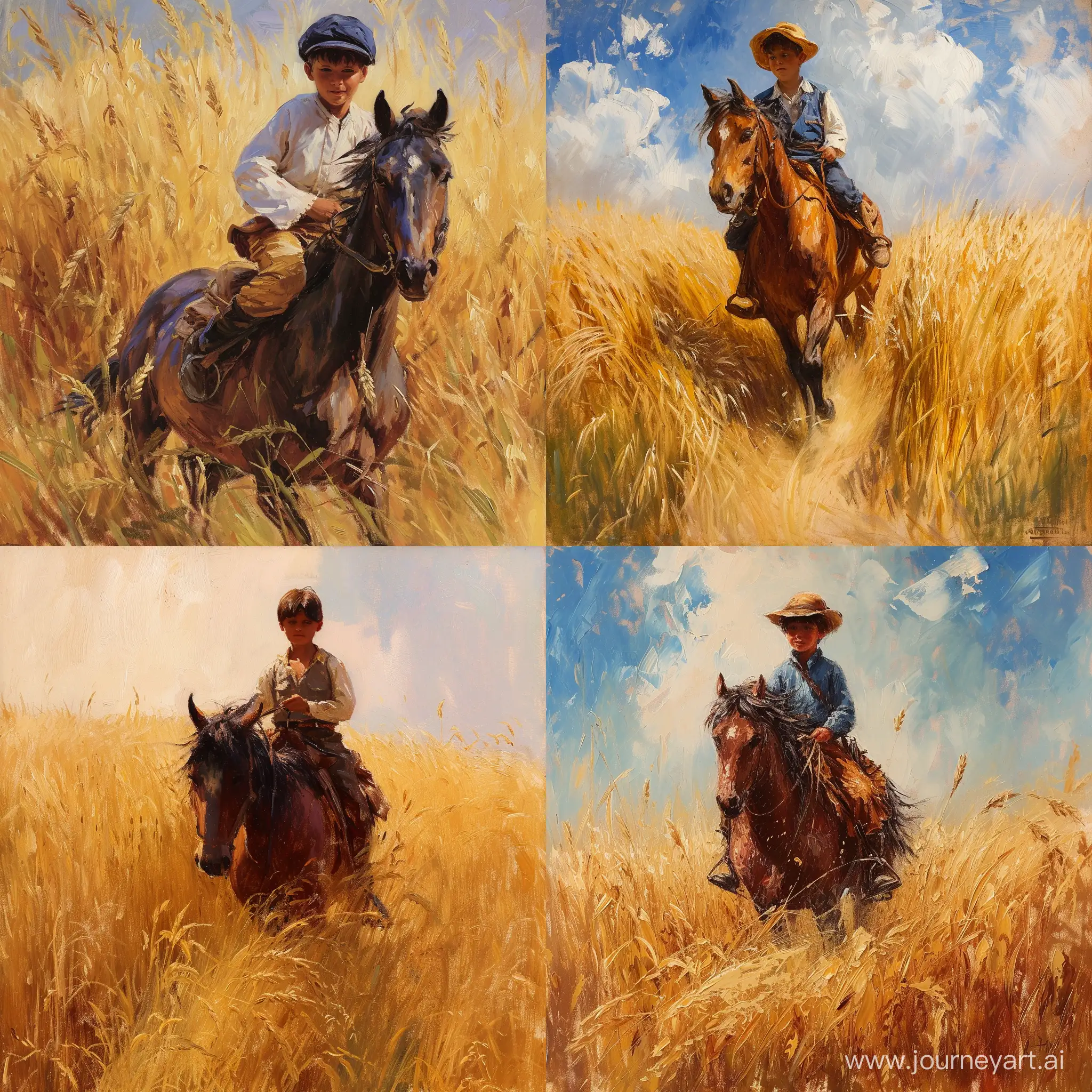 картина в стиле импрессионизма где десятилетний мальчик в деревенской одежде скачет на лошади по пшеничному полю