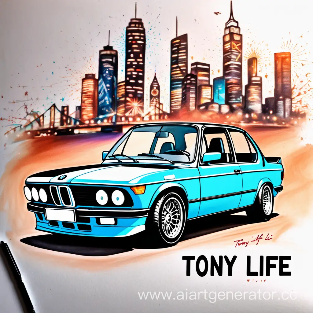 Нарисуй крутой арт с машиной BMW и надписью Tony Life
