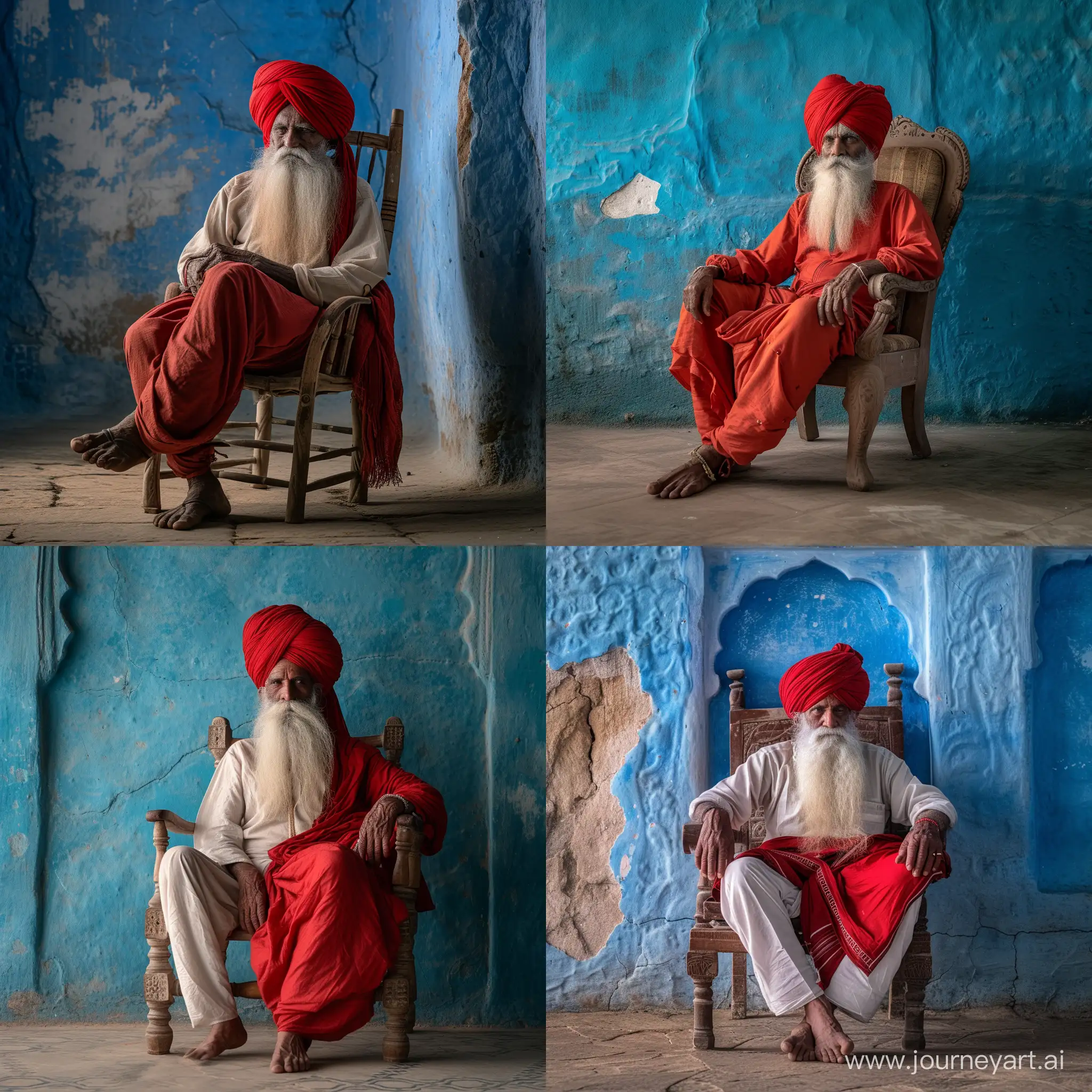 80 years old rabari  rajasthan with red turban long white beard is setting in a old chair between a onscharp bleu wall    low angle fuji xt5 foto realistisch          