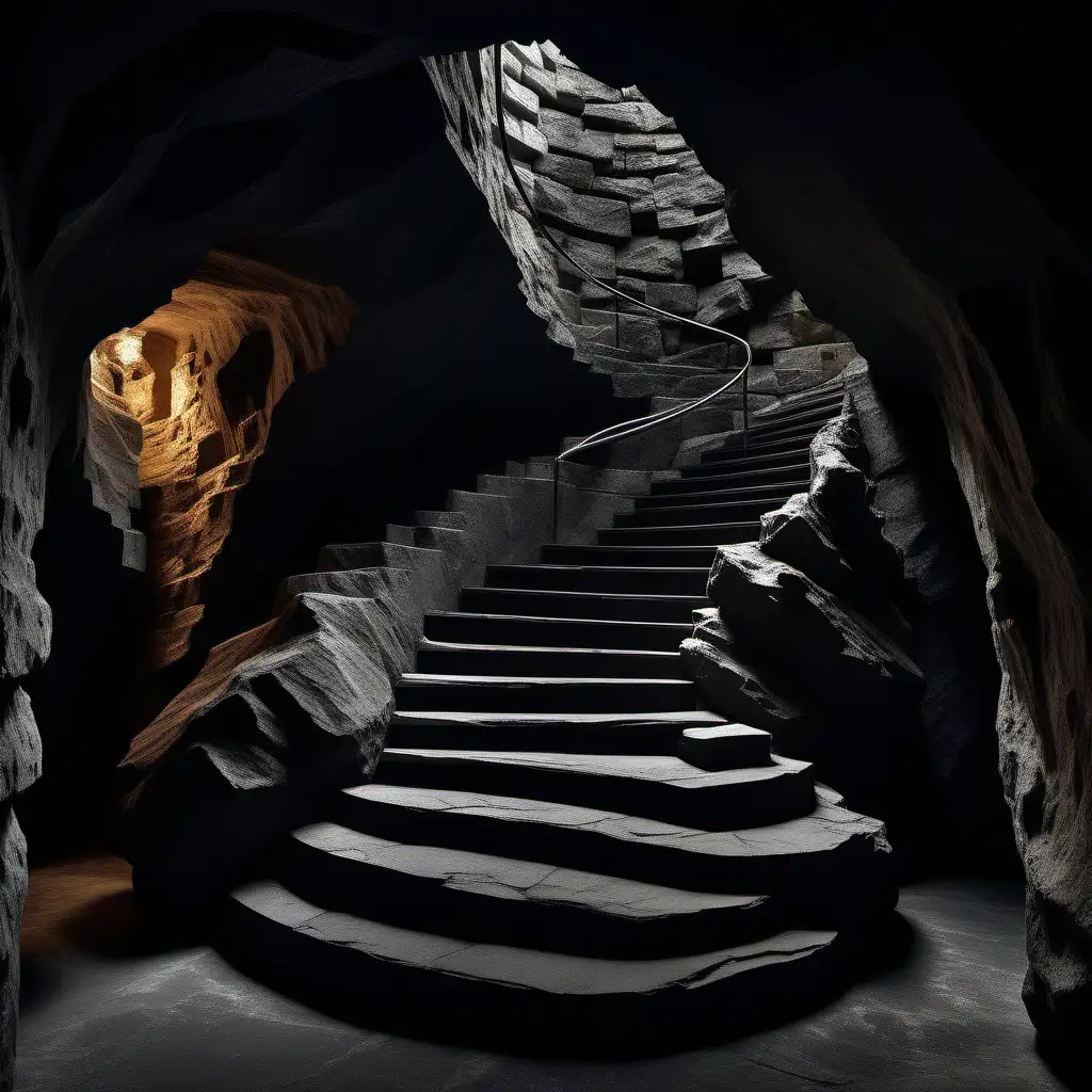 imagine a rough stone winding staircase coming down into a moody cave; warmer stone more intimate; imagine this as an interior design at a hotel; more modern sleek