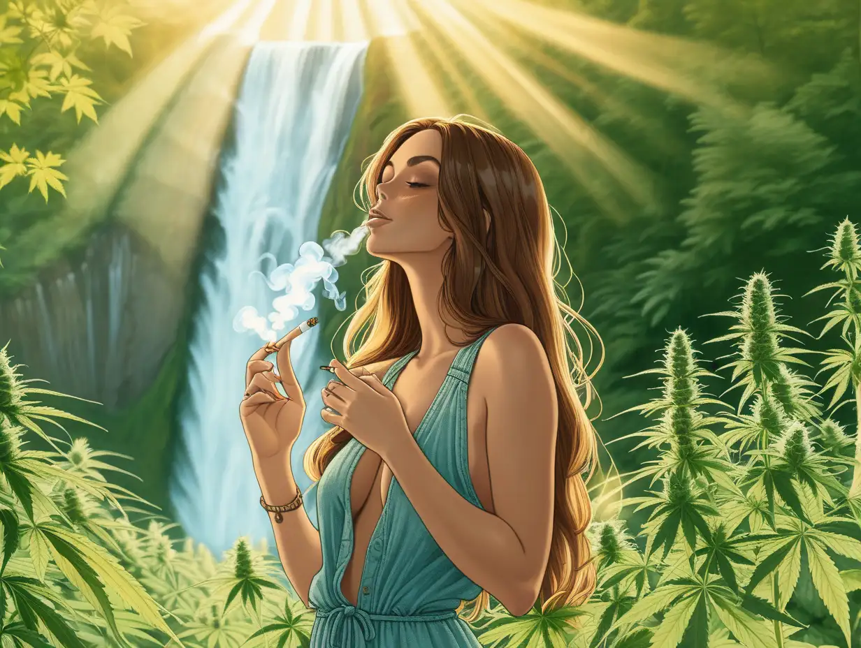 Sexy Woman standing in a field of cannabis with a bright sunshine and waterfall in the back while smoking a cannabis joint