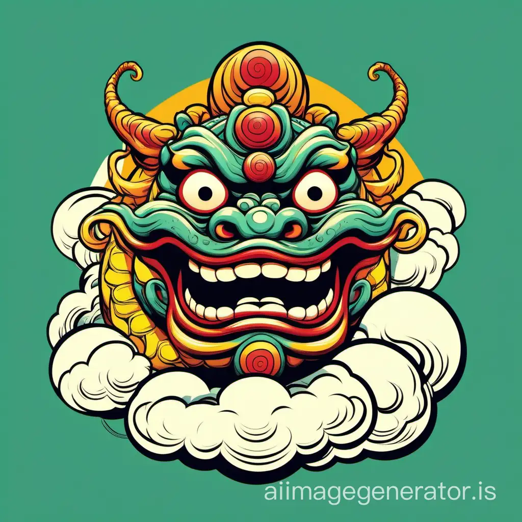 Abstract cartoonish pop art design of a shenlong daruma head side view with clouds around, tshirt print shape, with empty background