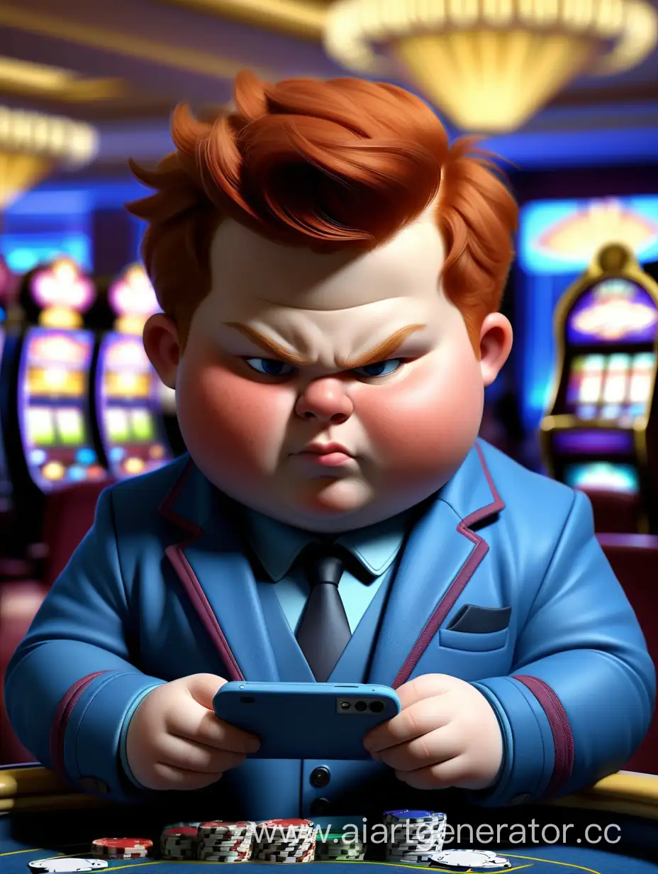 толстый рыжий мальчик в синей куртке играет в казино в телефоне