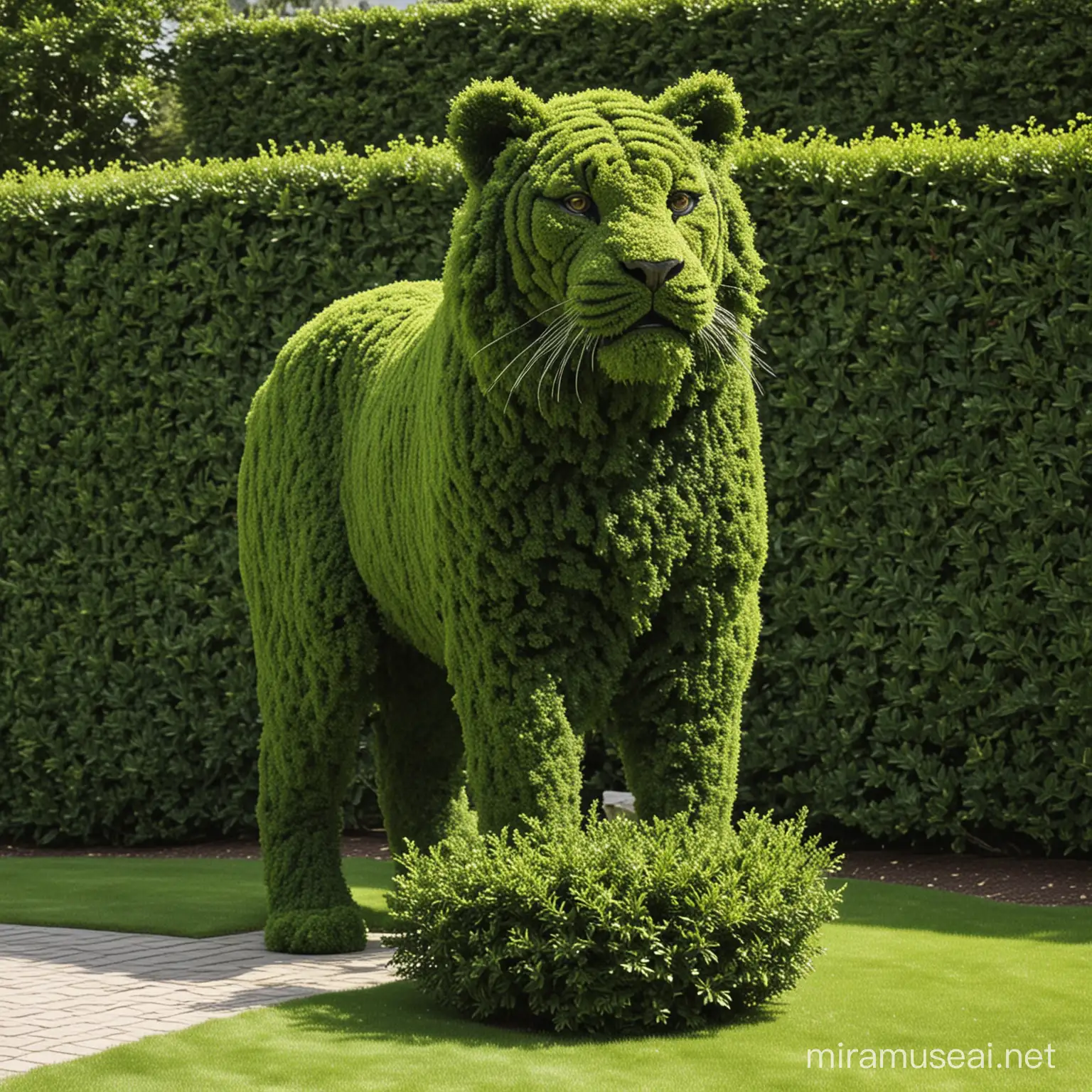 generate a green topiary bush that looks like a tiger
