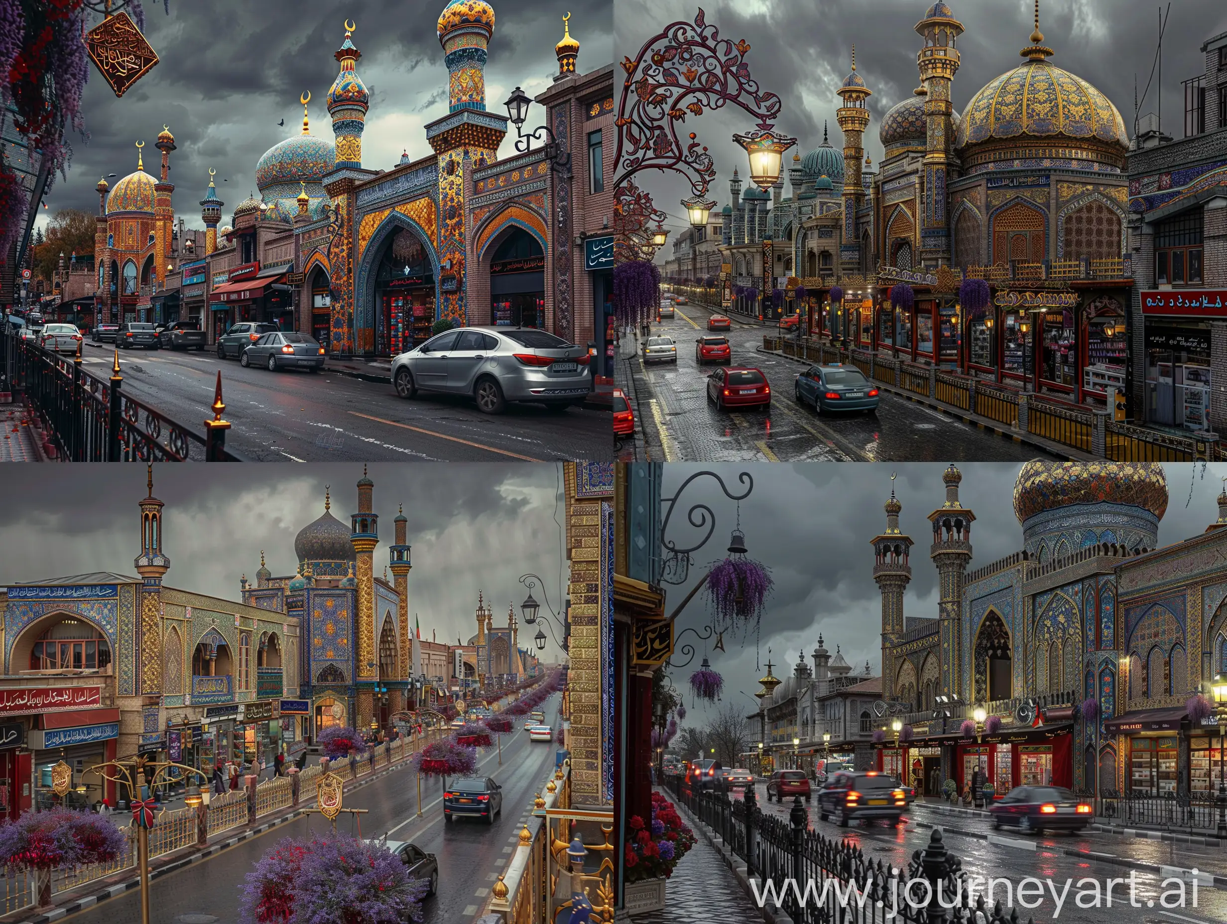 Photography, all buildings and mosques are Timurid marbled brick having golden red blue Persian design and tilework, traffic on a France like street having shops and stores at bottom of all buildings, islamic style fence on sidewalk, islamic ornamented lamp lights, ornate direction signboards, lavender red hanging flowers, dark grey sky, Paris influences --q 1 --style raw 