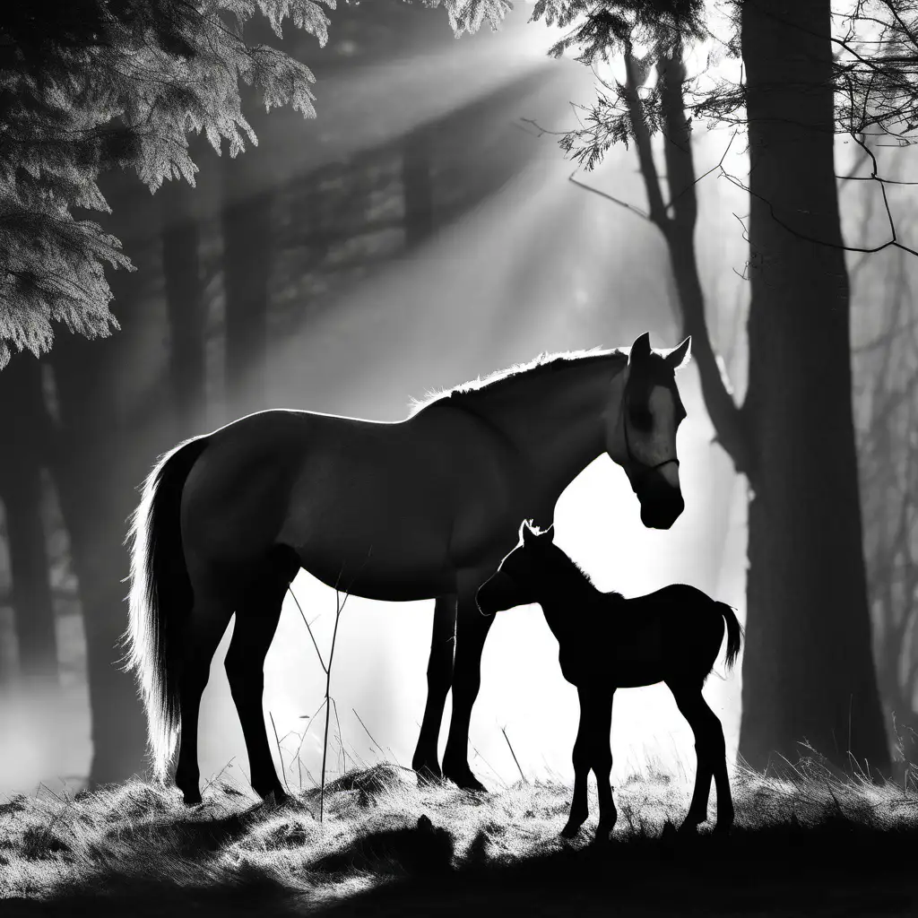 Mare with Foal in Backlit Forest Clearing