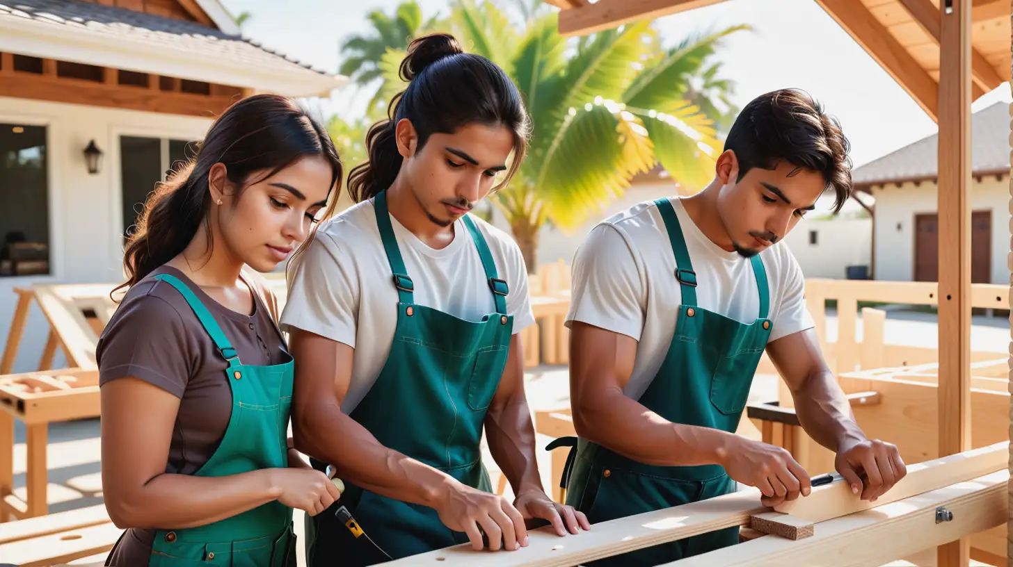 Young Hispanic woman and young Hispanic Man (dark complexion) carpenters working at an outside  workstation
