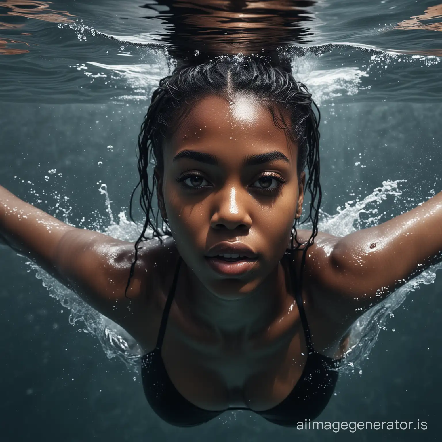Black girl drowns inside water, hyper-realistic, 8k image