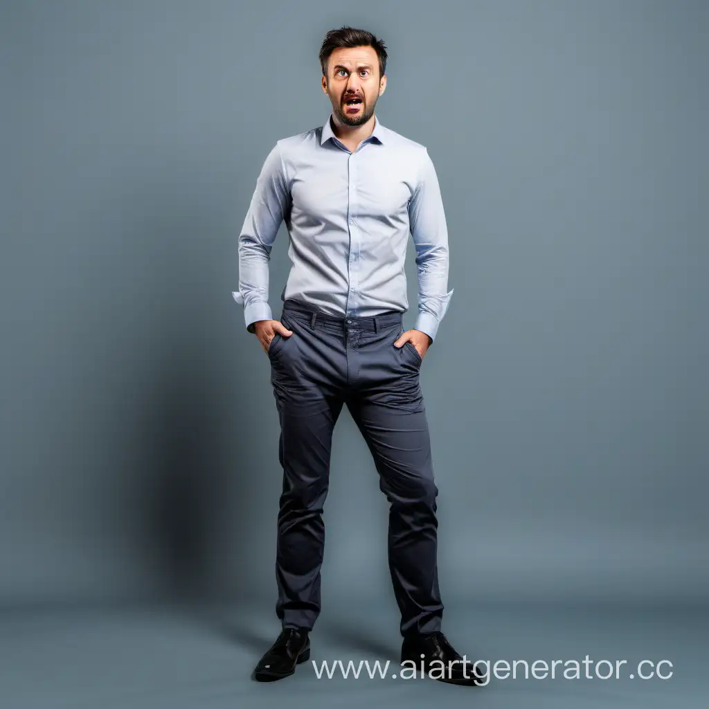 unkempt man, 35 years old, sales assistant, wearing pants, with an under-tucked shirt, looking to the side, grimacing, full-length photo with legs