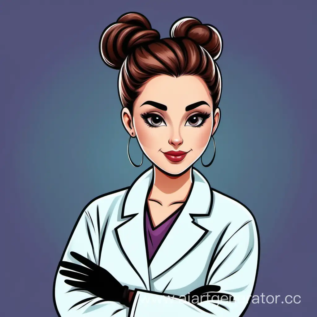 A cosmetologist girl in a doctor's coat and gloves with her hair in a bun in a cartoon style