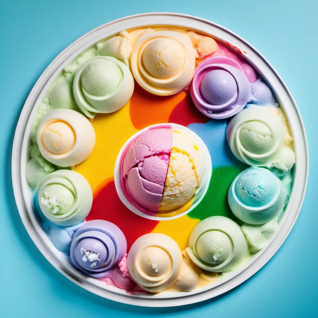 Create a circular collage of creamy  Italian ice scoops in all bright rainbow colors 