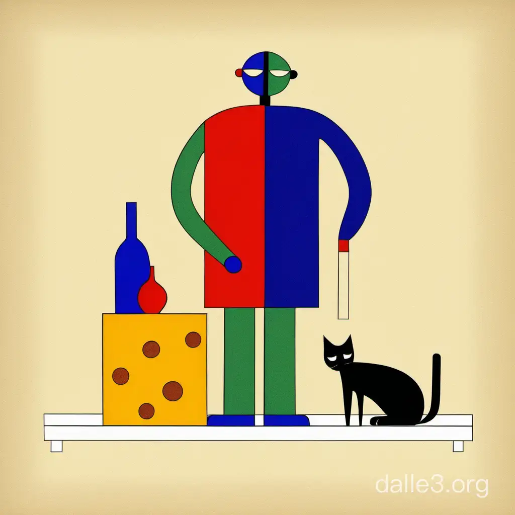 мужчина с котом вино и сыр многоцветный растровый рисунок минимализм примитивизм супрематизм наив