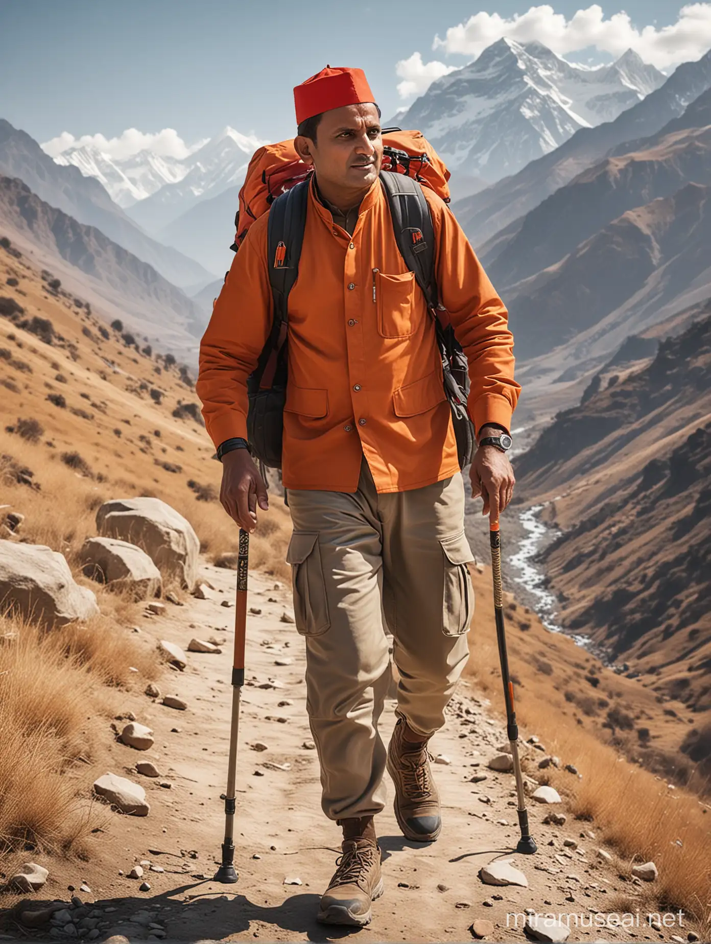 Create a realistic AI image of the uttar pradesh former chief minister akhilesh yadav going for trekking in the Himalayas. Show the akhilesh yadav dressed in trekking attire, wearing a orange backpack, red color gandhi topi and carrying a trekking pole. Include a orange water bottle hanging from the backpack, indicating preparedness for the trek. Capture the majestic Himalayan landscape in the background, emphasizing the adventurous spirit and love for nature