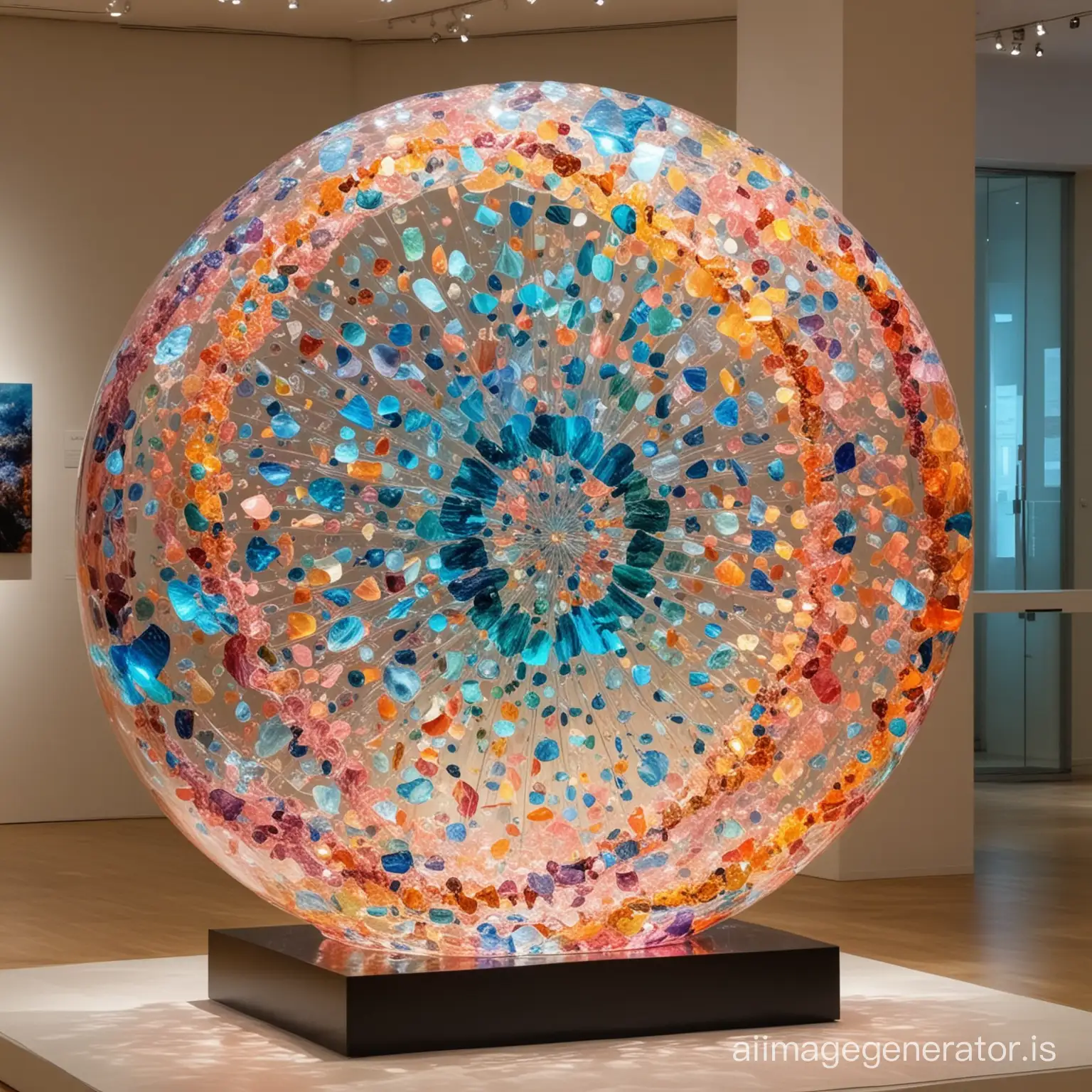 a very big opal  colorful sculpture made  of shiny colored transparent glass  in the art gallery with special light of them 