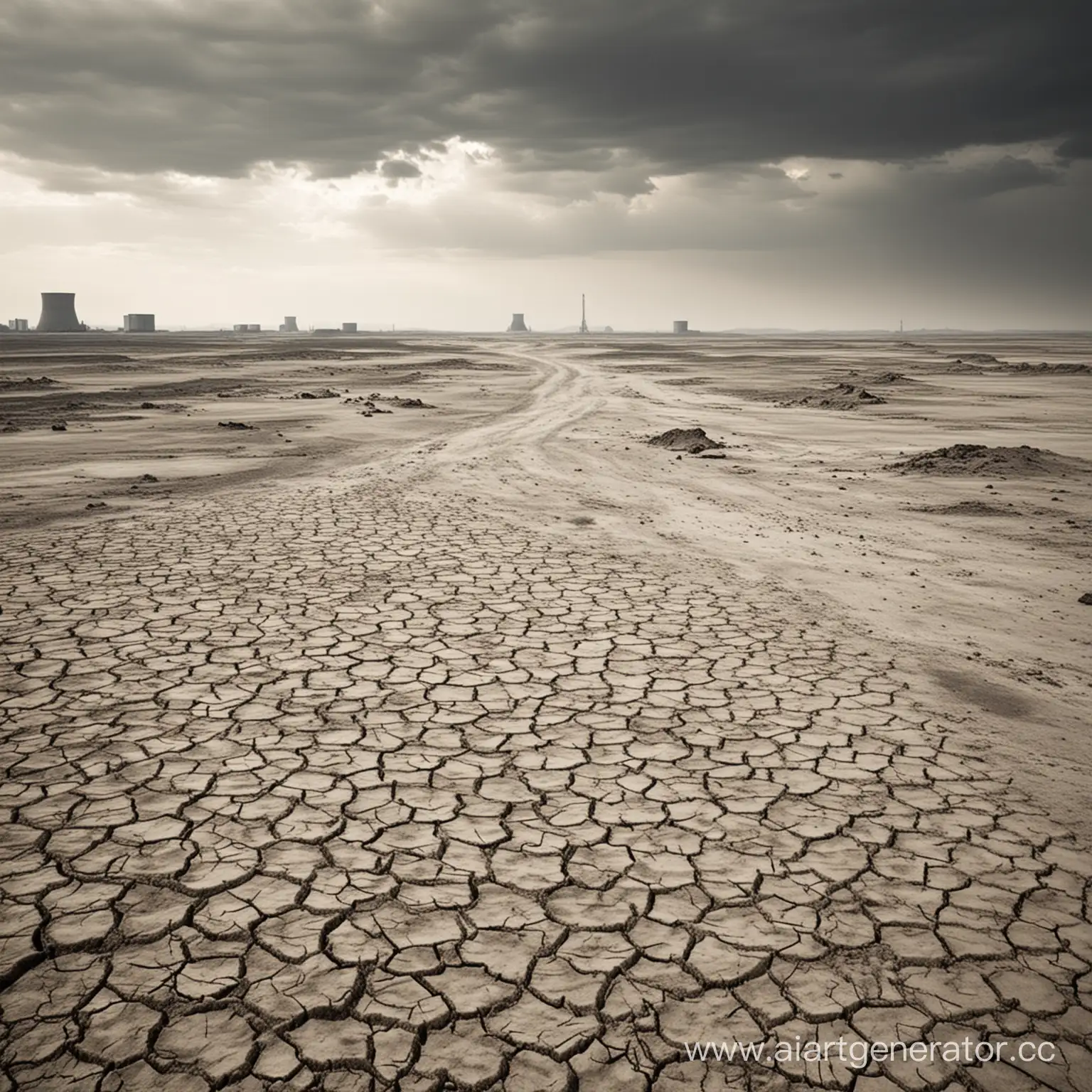  nuclear empty sandy dusty wasteland with a greyish atmosphere