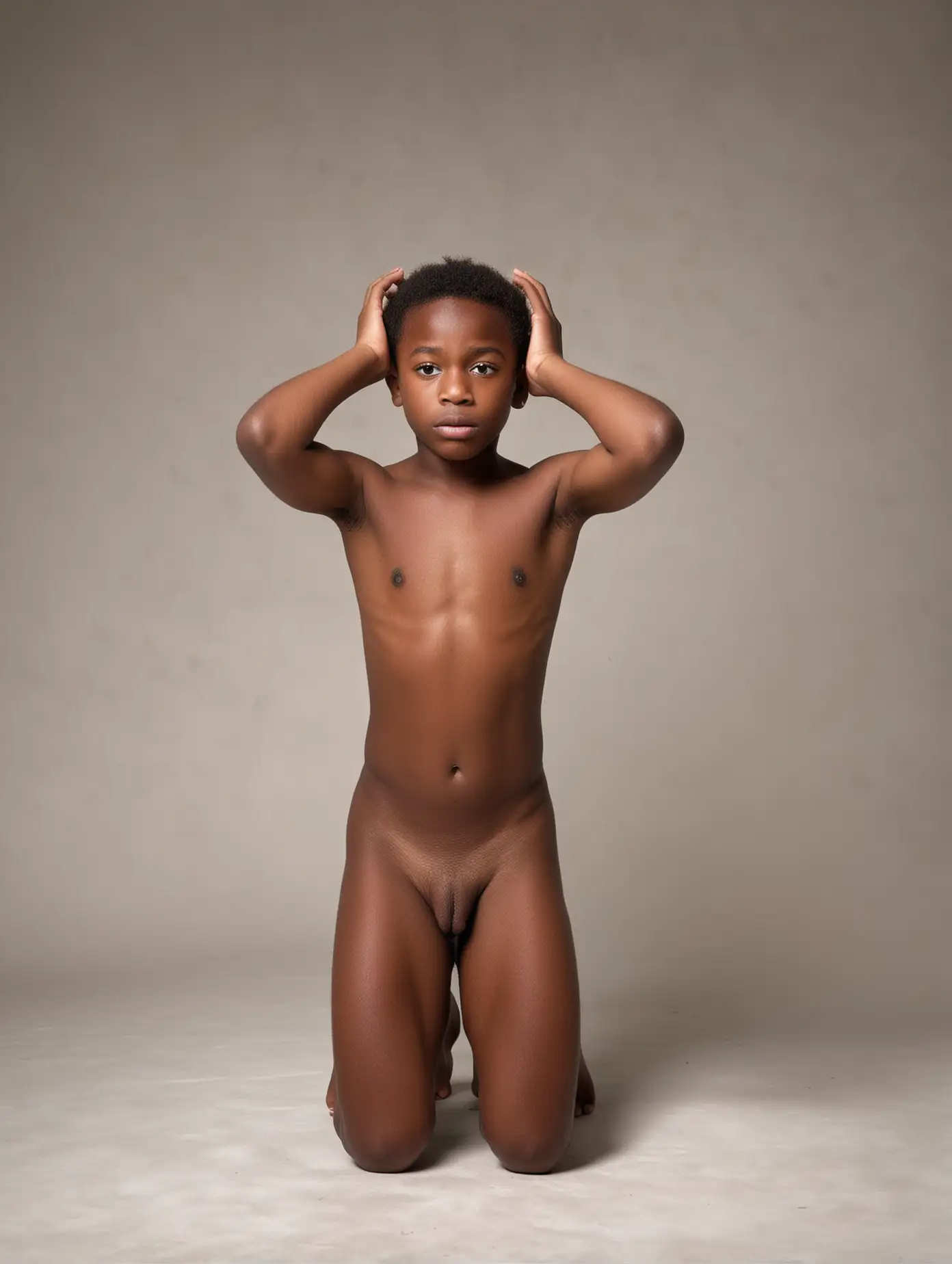 Aon the ground  kneeling 13-year-old black boy captured in a full body shot, shirtless, he keeps his hands up,  frightened face, he views straight to the camera. whole body including feet visible. His entire body is placed in the center of the image and is perfectly aligned and adapts to the dimensions of the image, leaving enough space from the model to the edges of the image. He doesn't wear any clothes  Distant view, white background. Make sure the composition covers him from head to toe without cutting off any part of his body, including his feet.