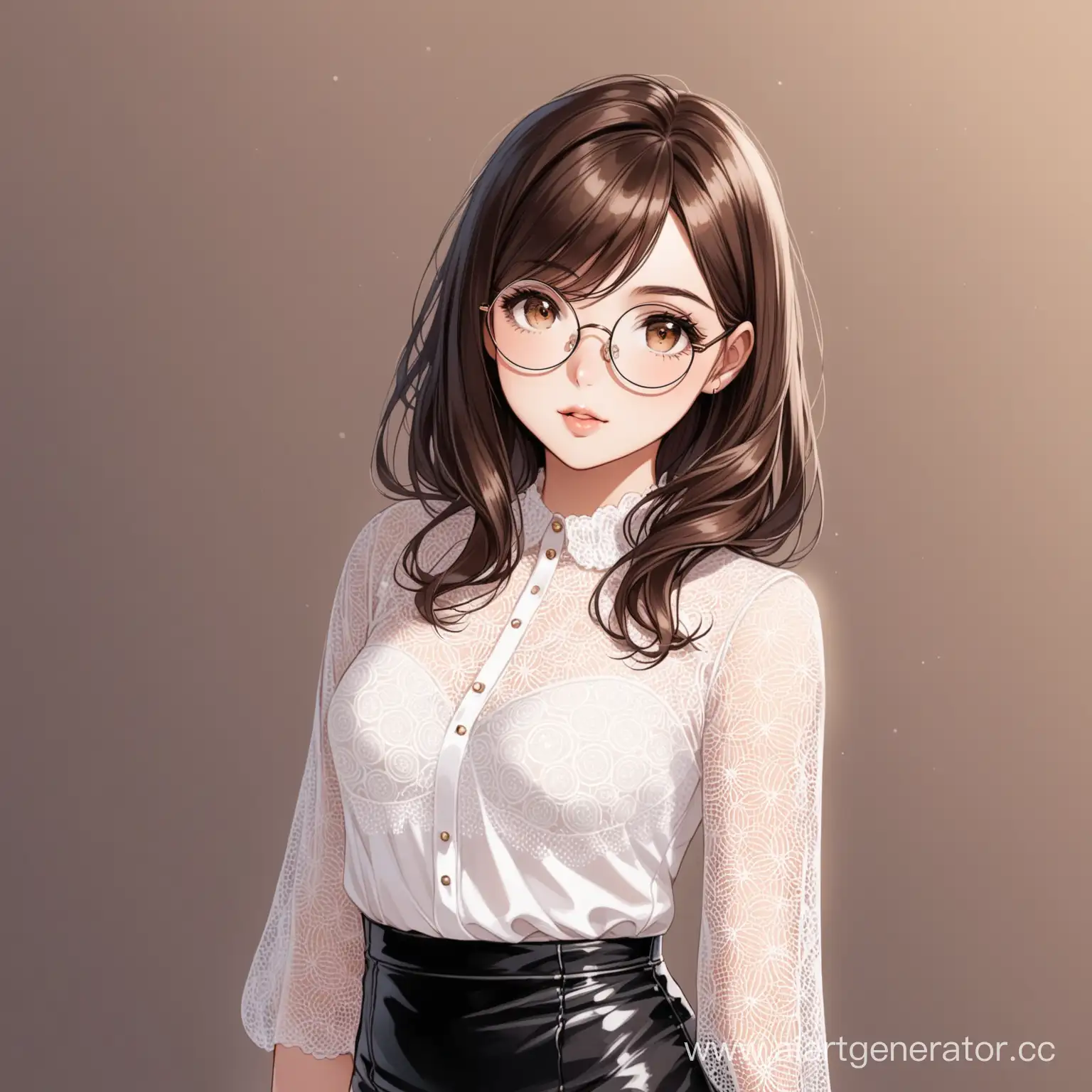 Кареглазая девушка шатенка в круглых очках в кружевной белой блузке и черной кожаной юбке