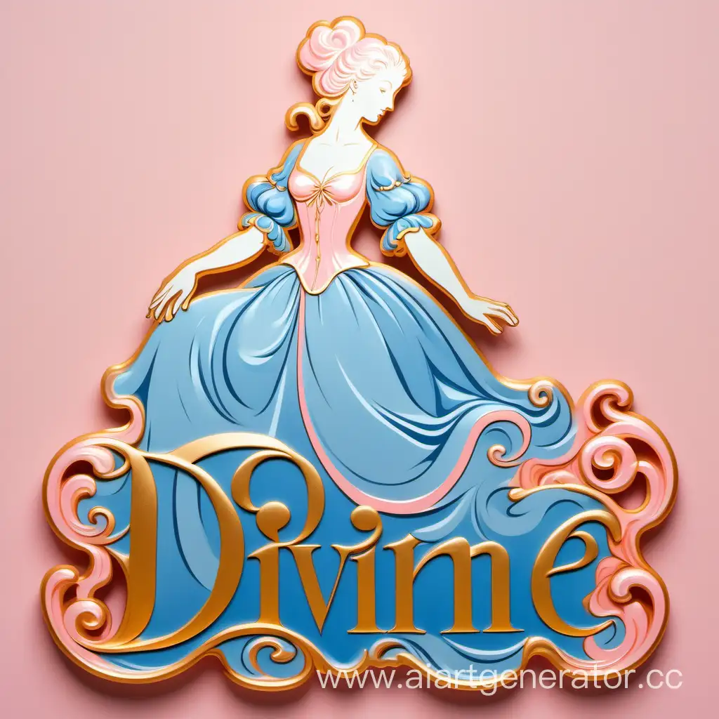 Элементы: использована стилизованная женская силуэтная фигура в позе, характерной для рококо. - Цвета: фигура окрашена в нежно-розовый и голубой, а слово "Divine Radiance" написано золотым шрифтом.
