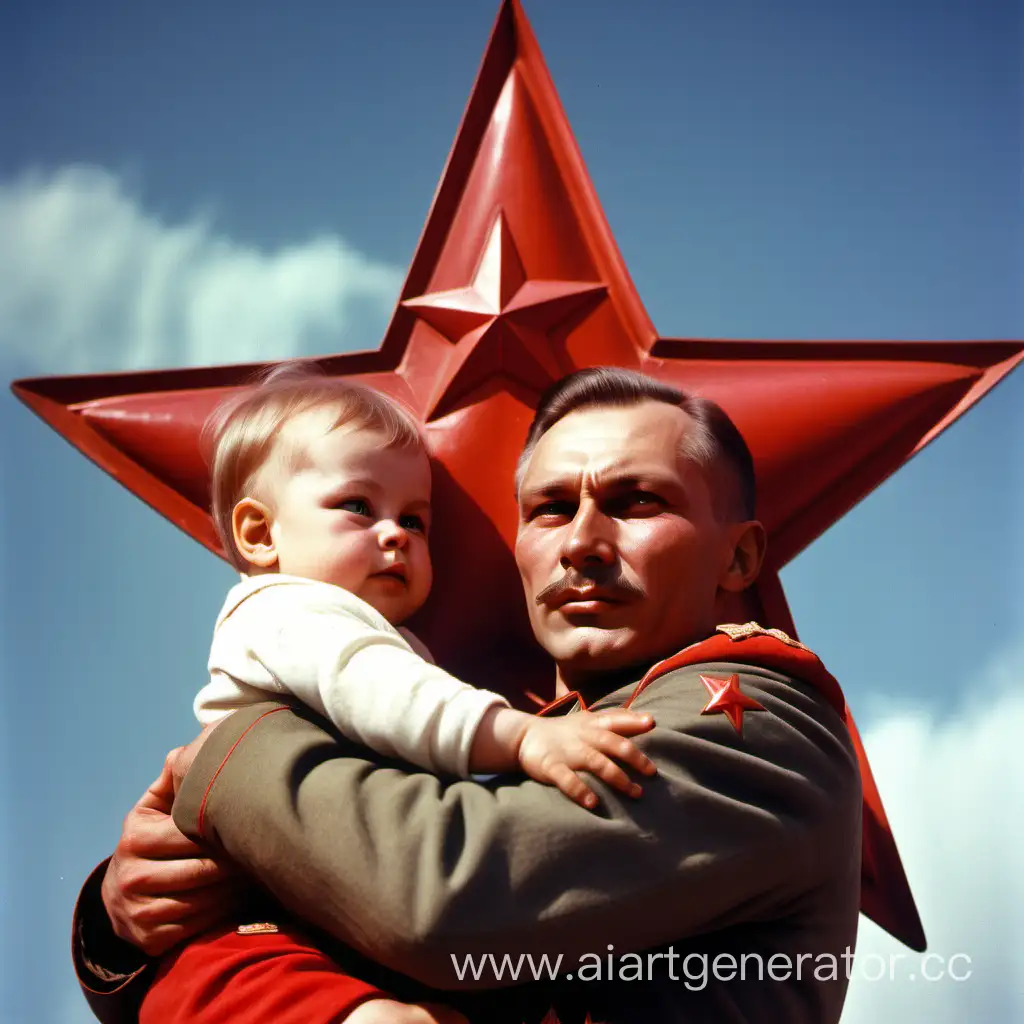Soviet-Soldier-Embracing-Child-Under-Red-Soviet-Star