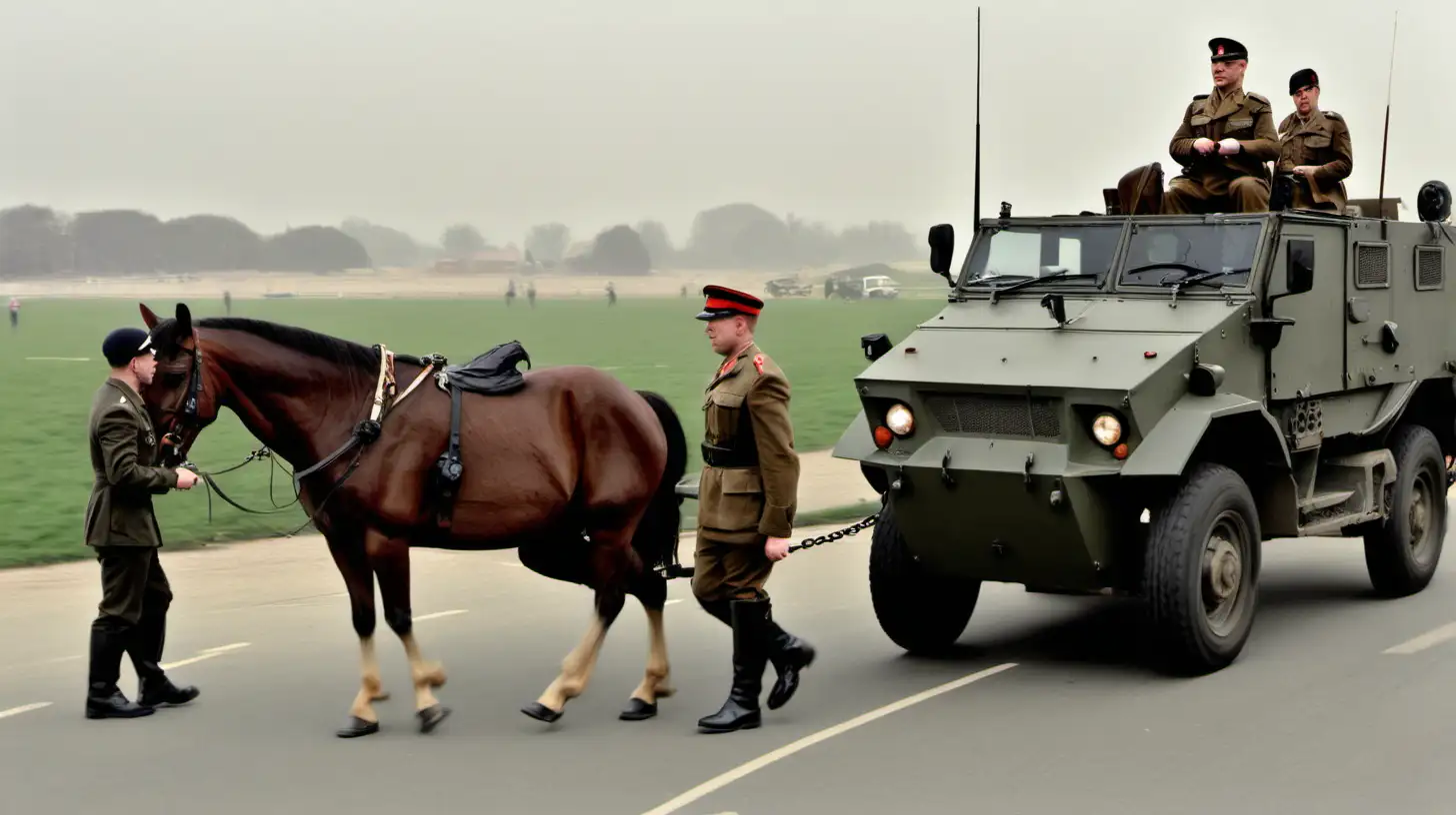 British Army Military Vehicle Being Towed by a Horse