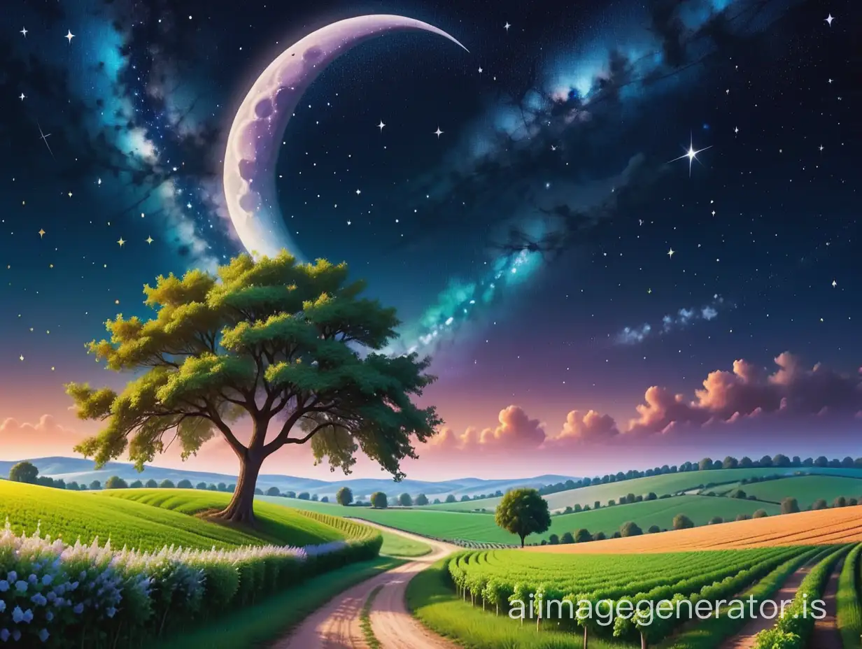 Idyllic-Night-Landscape-with-Crescent-Moon-Starry-Sky-and-Serene-Countryside