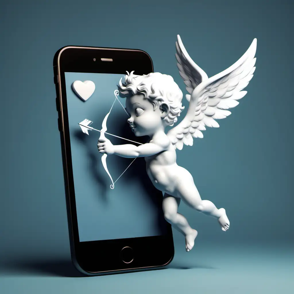 silueta de cupido blanco modo San Valentín con ojos en forma de corazón haciendo alusión a que esta enamorado, con flecha en mano apuntando a un celular smartphone. Haz que se vea el cupido en el aire, como en 3D con aspecto realista y amigable.
