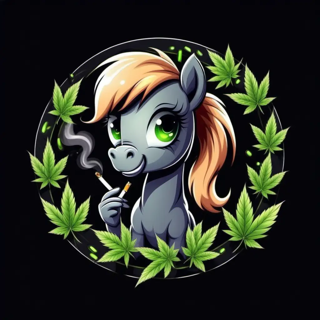 a little cute pony smoking weed in a circle, cartoon style, black background