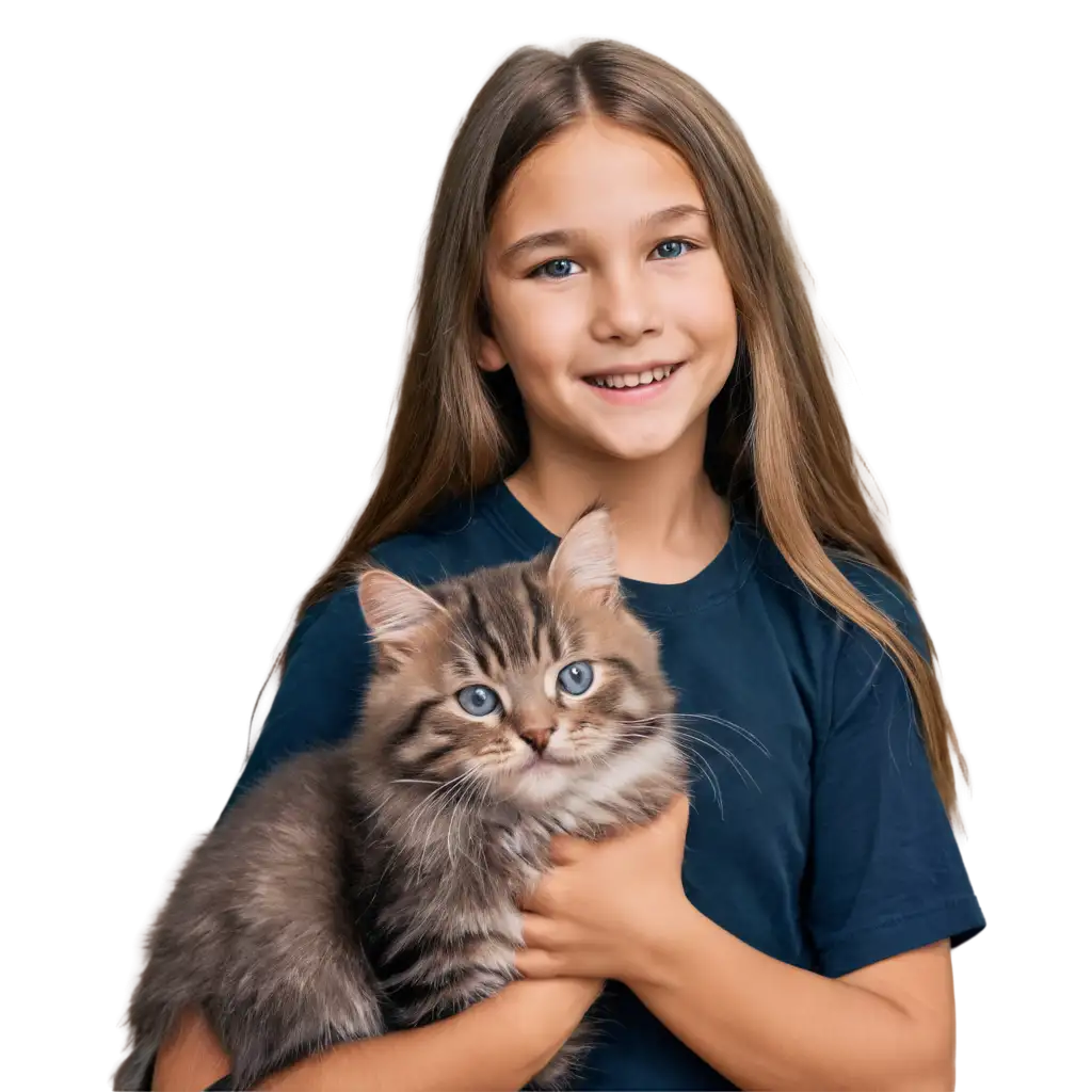 A 6-year-old girl, of Slavic appearance, holds and hugs a real fluffy domestic cat by the neck. Her hair is flowing over her shoulders, and she is smiling. The photo is super realistic made in the studio, portrait photography