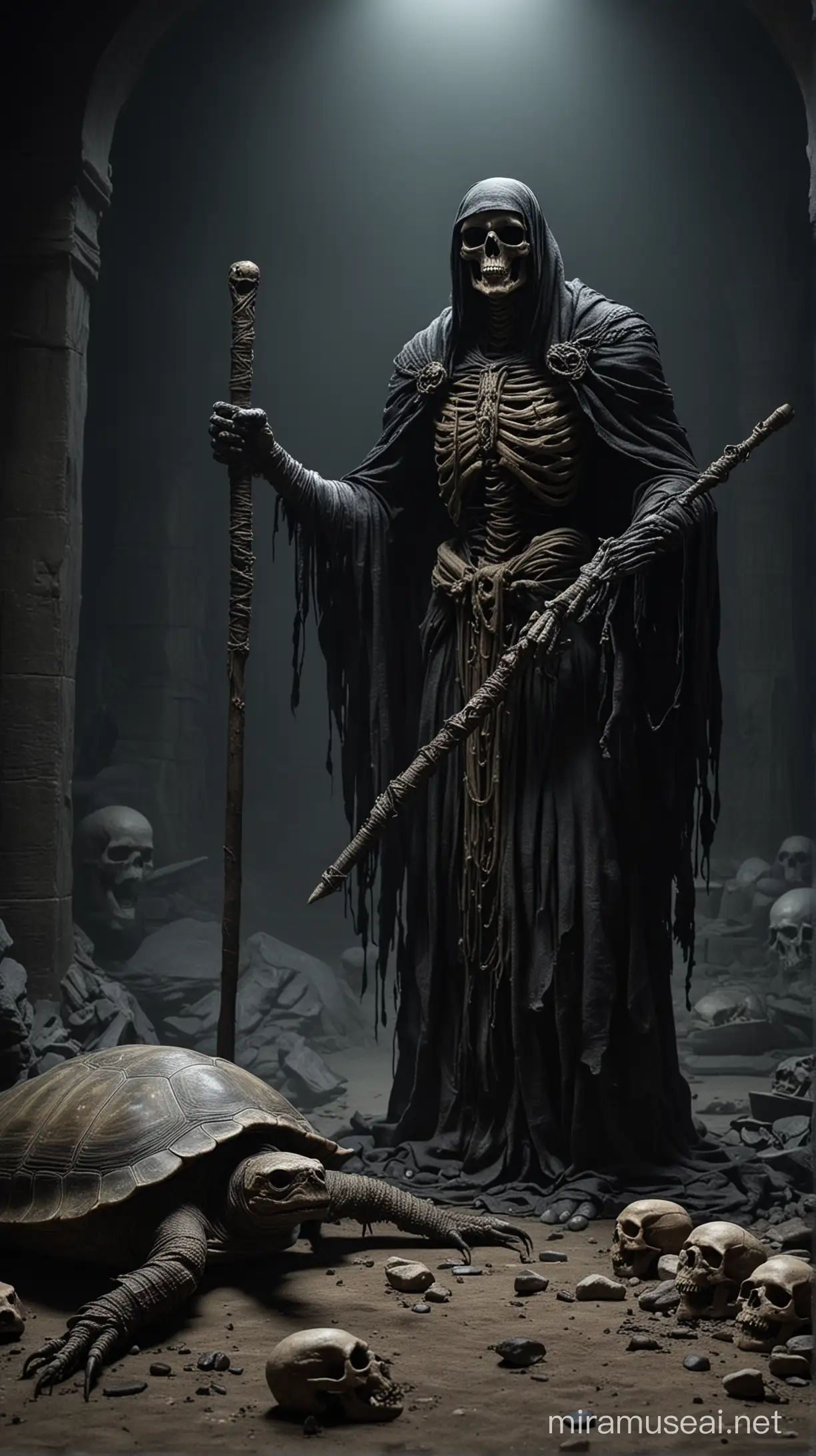 Mummified Reaper Surrounded by Skulls with Turtle Companion