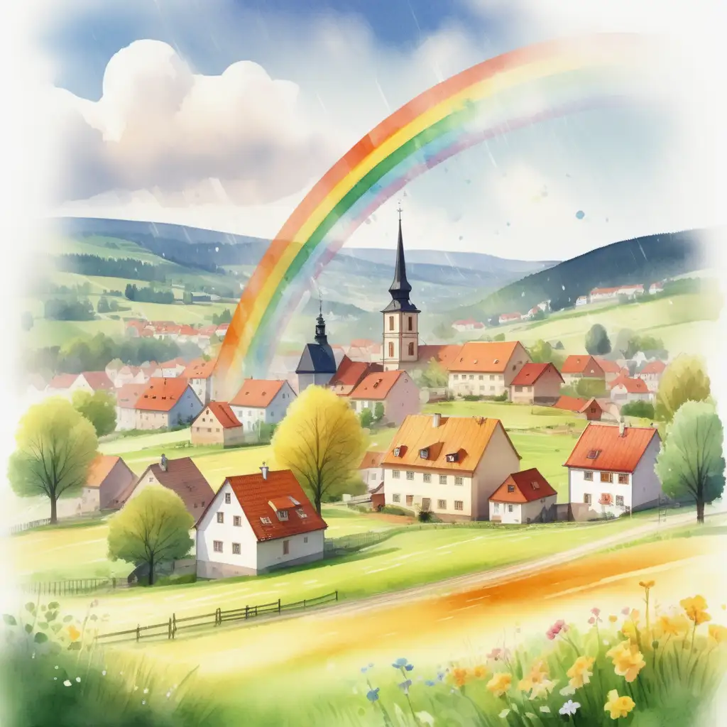 Vytvoř realistickou ilustraci _ aprílové počasí, sluníčko, duha, déšť, česká vesnička, domečky, kostel, les, pole, louka_charakterizující typické jarní dny_akvarel styl