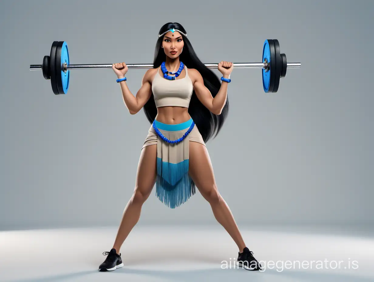 Modern-Pocahontas-Weightlifting-with-Blue-Necklace-in-Beige-Sportswear