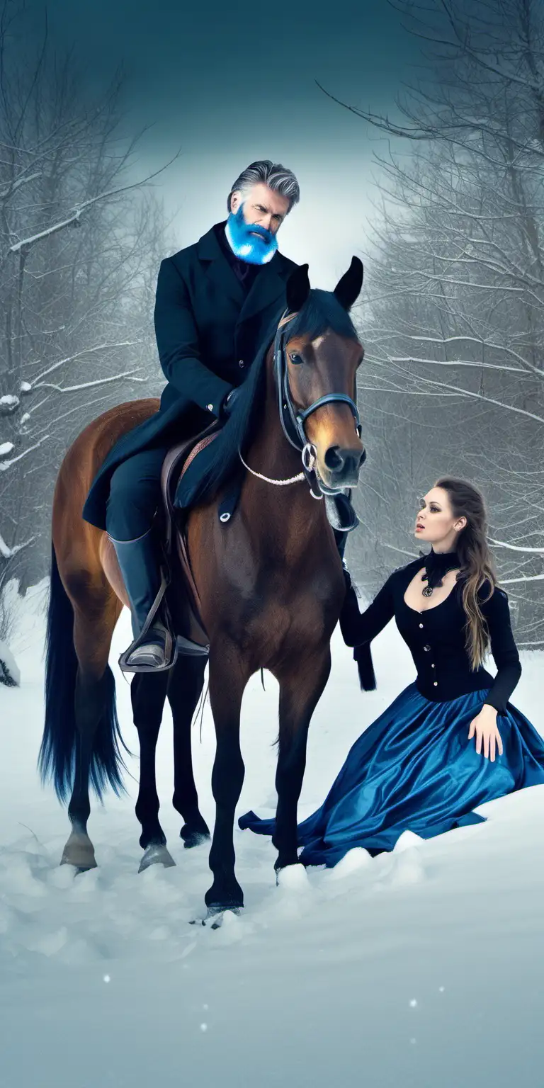 Handsome man with blue beard on horse with murdered dead equestrian woman laying in snow 