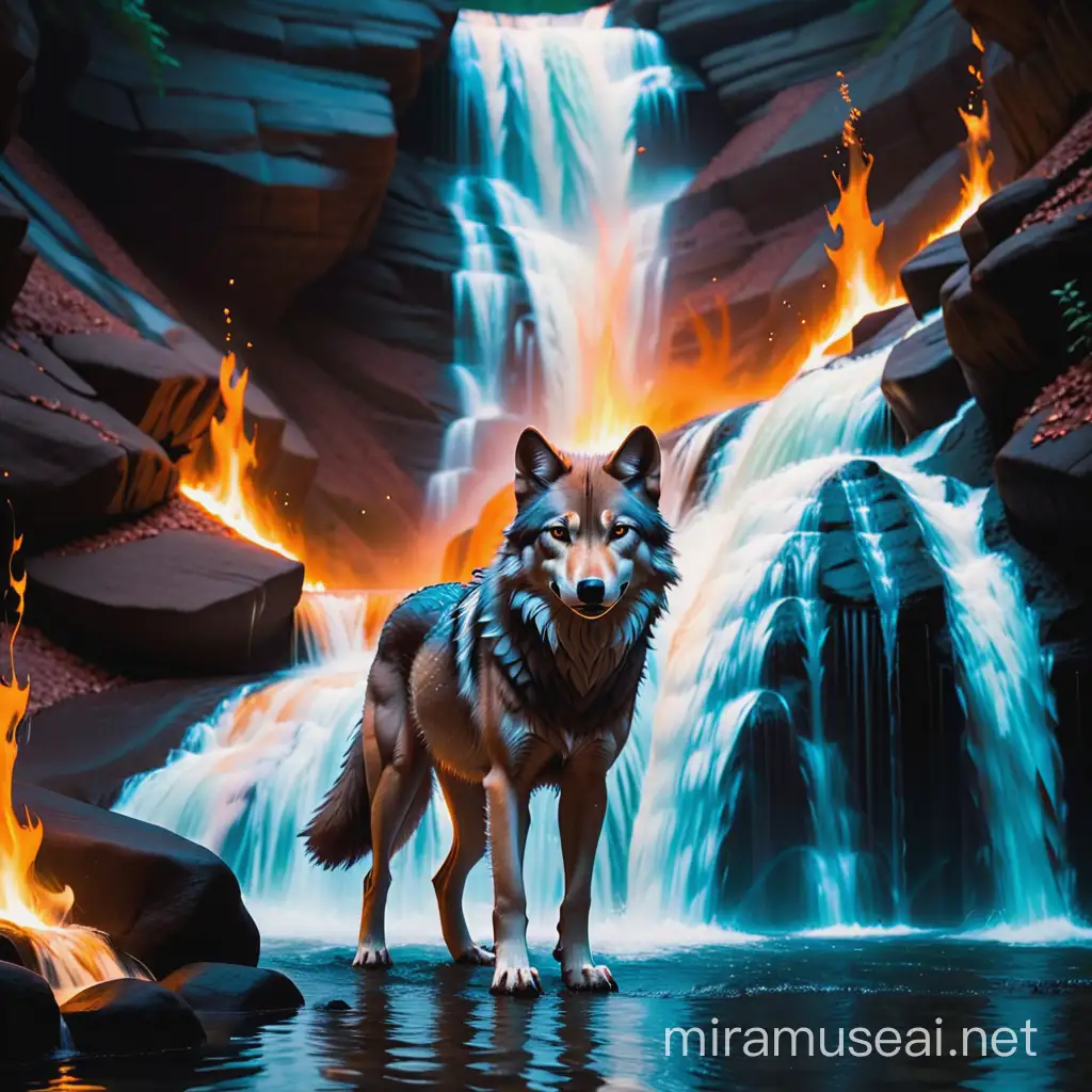 Majestic Wolf Amidst Fiery Waterfall Landscape