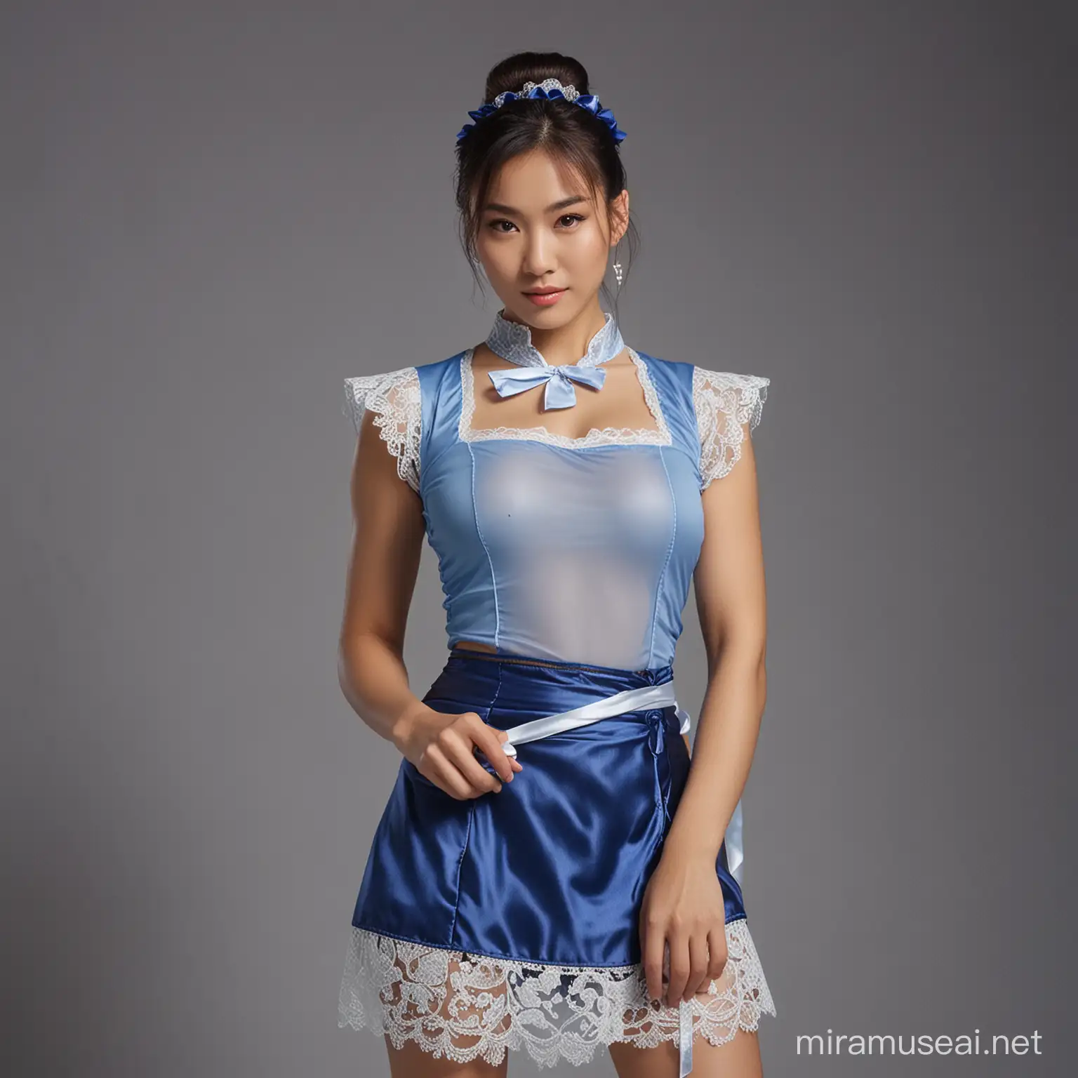 Sensual ChunLi Poses in Blue Lace Mini Skirt Surabaya 33