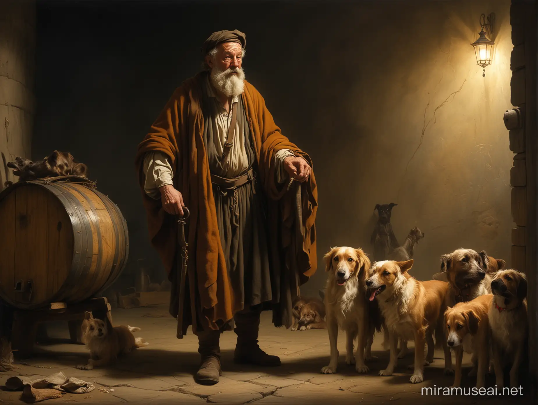painting that will show the Philosopher diogenes wearing rags walking holding a lamp lit, with some dogs around, and in the background a kind of barrel he used as shelter, and some peoples looking to him worried, in a Rembrandt style, Dramatic use of light and shadow, a technique known as chiaroscuro, This creates a striking contrast between light and dark areas, often highlighting the focal point of the painting, His compositions often convey deep emotional or narrative intensity, Rembrandt's color palette is typically rich but subdued, featuring earthy tones and warm colors, His brushwork is renowned for its expressiveness and texture, ranging from smooth and finely detailed in areas of focus to more loose and impressionistic in other parts,