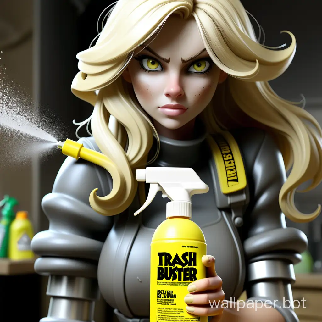 Красивая Блондинка показывает спрей бутылку желтую Триггер средства против грязи на этикетке TRASH BUSTER