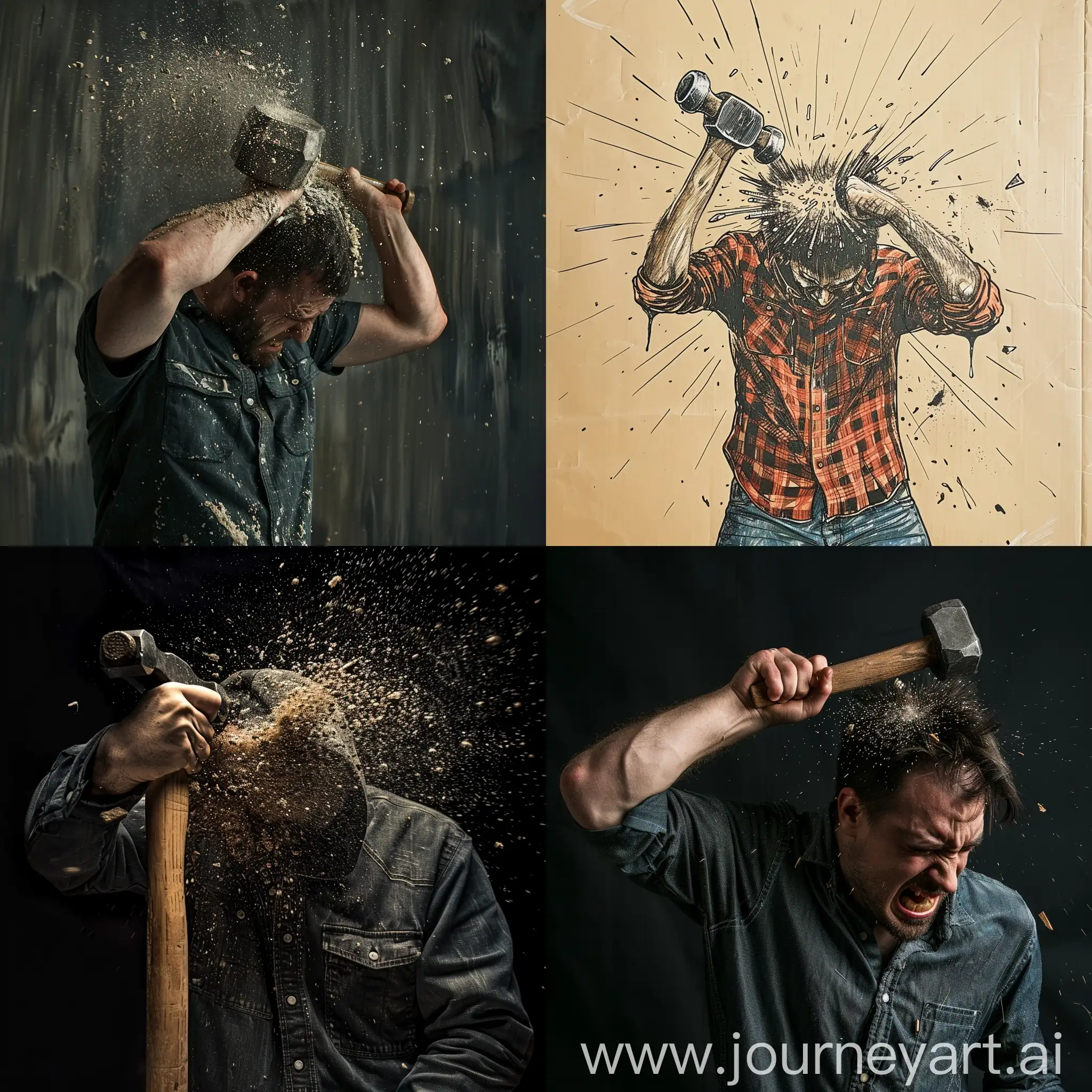 a man hitting himself on head with a hammer
