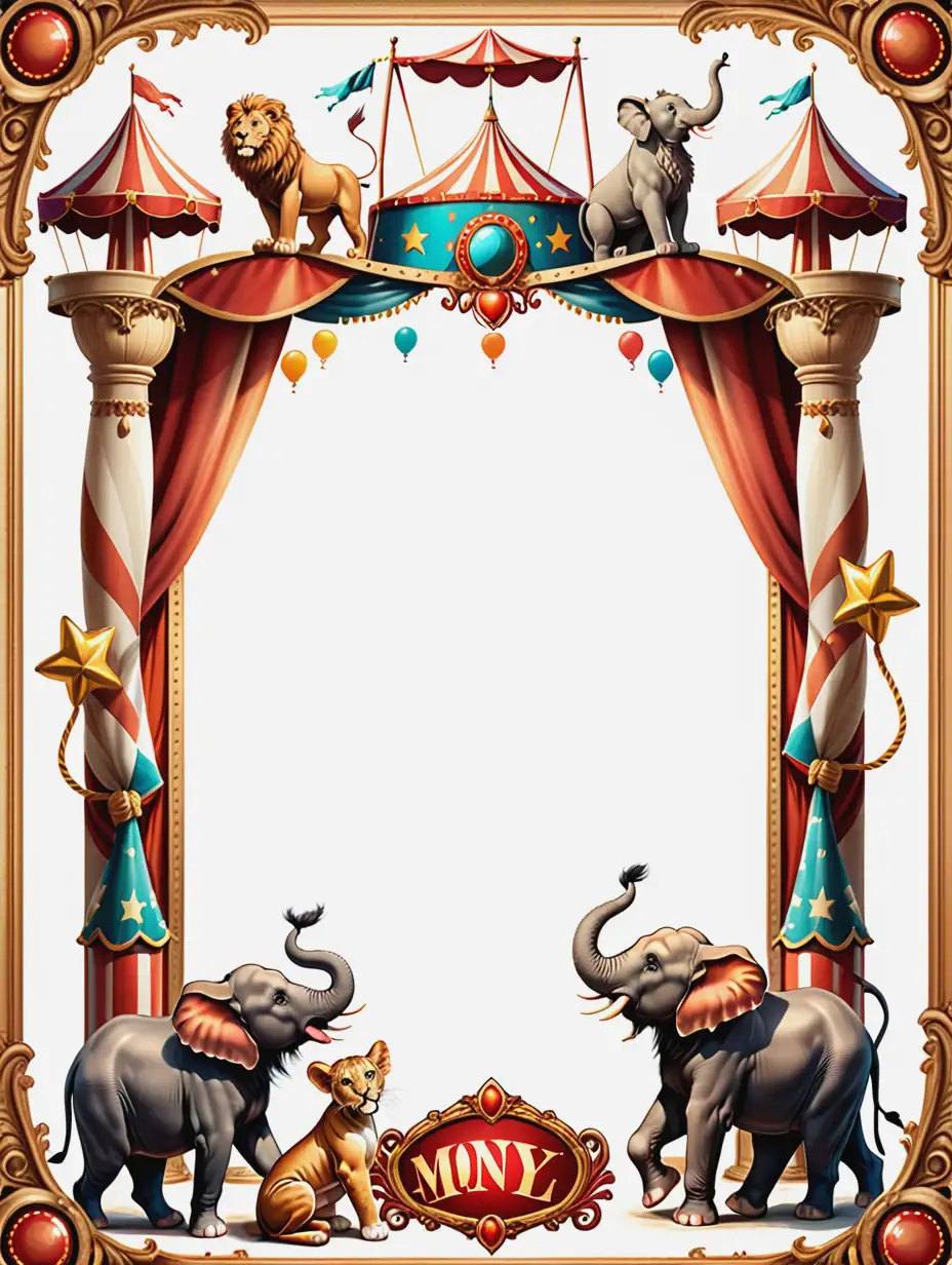 Circus inspired vintage decorative frame with lions, elephants and moneys
